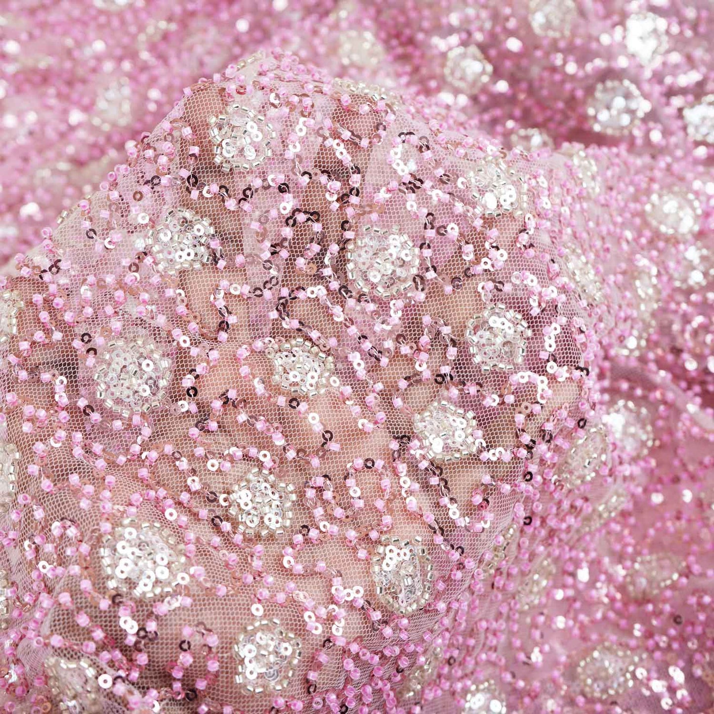 Classic Pink Silver Pearl Sequence Embroidery Net Fabric