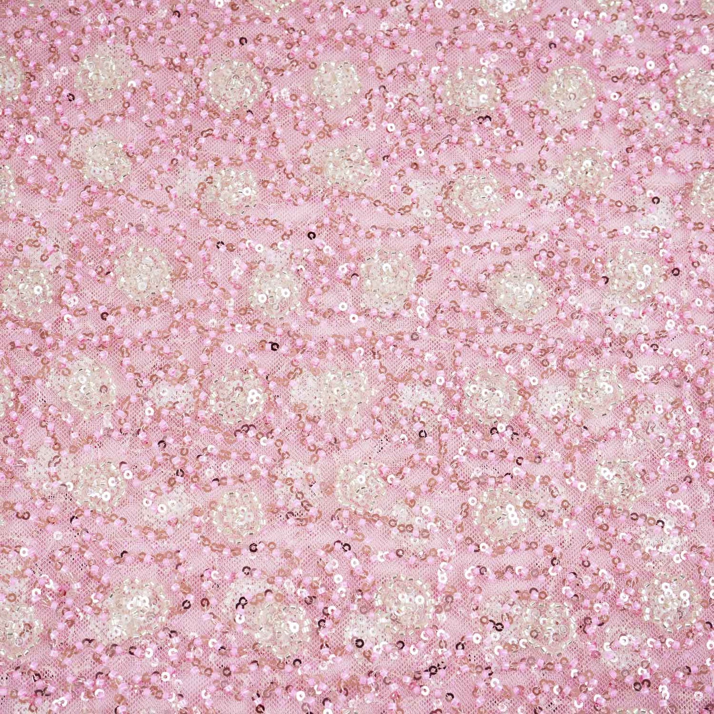 Classic Pink Silver Pearl Sequence Embroidery Net Fabric