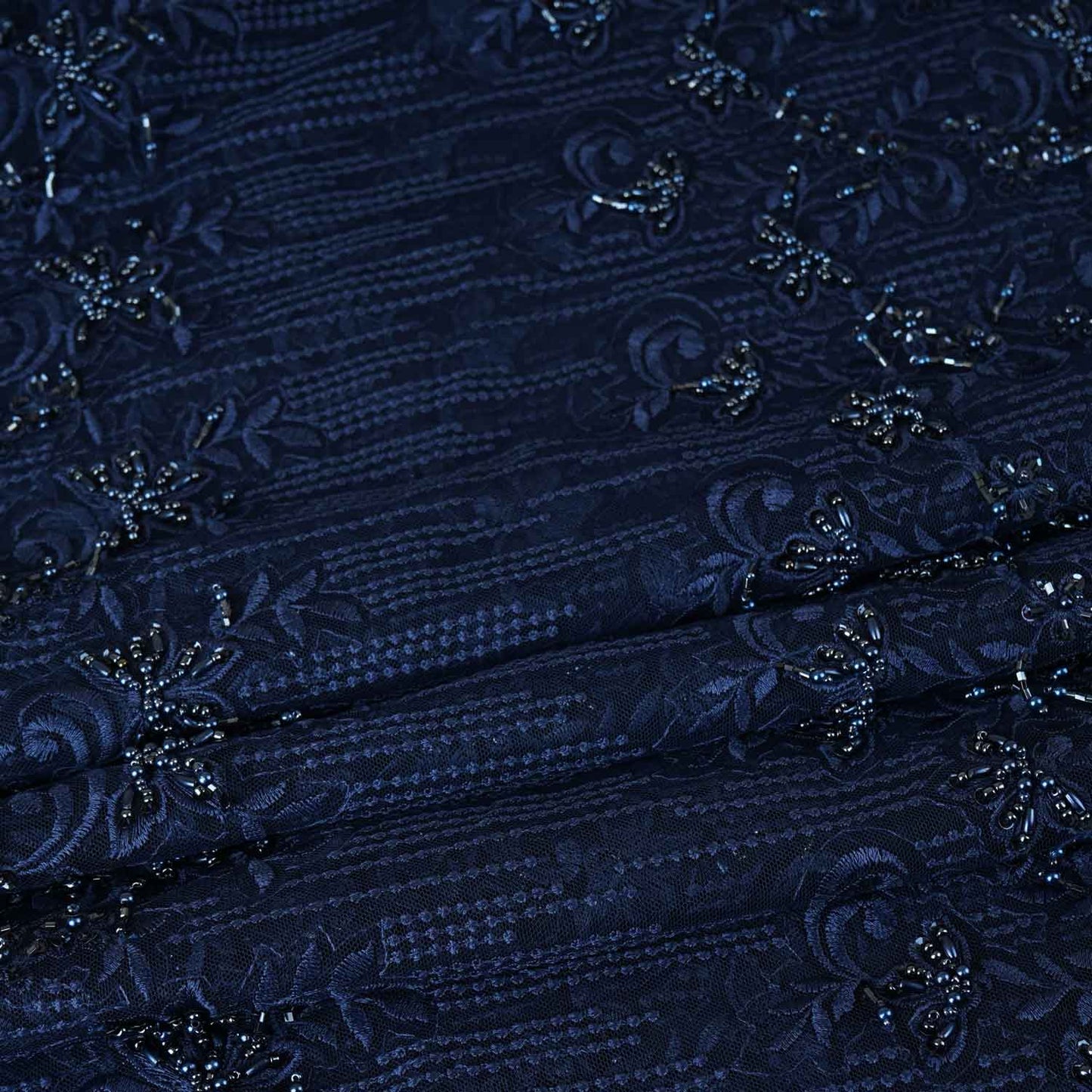 Classic Blue Pearl Thread Embroidery Net Fabric