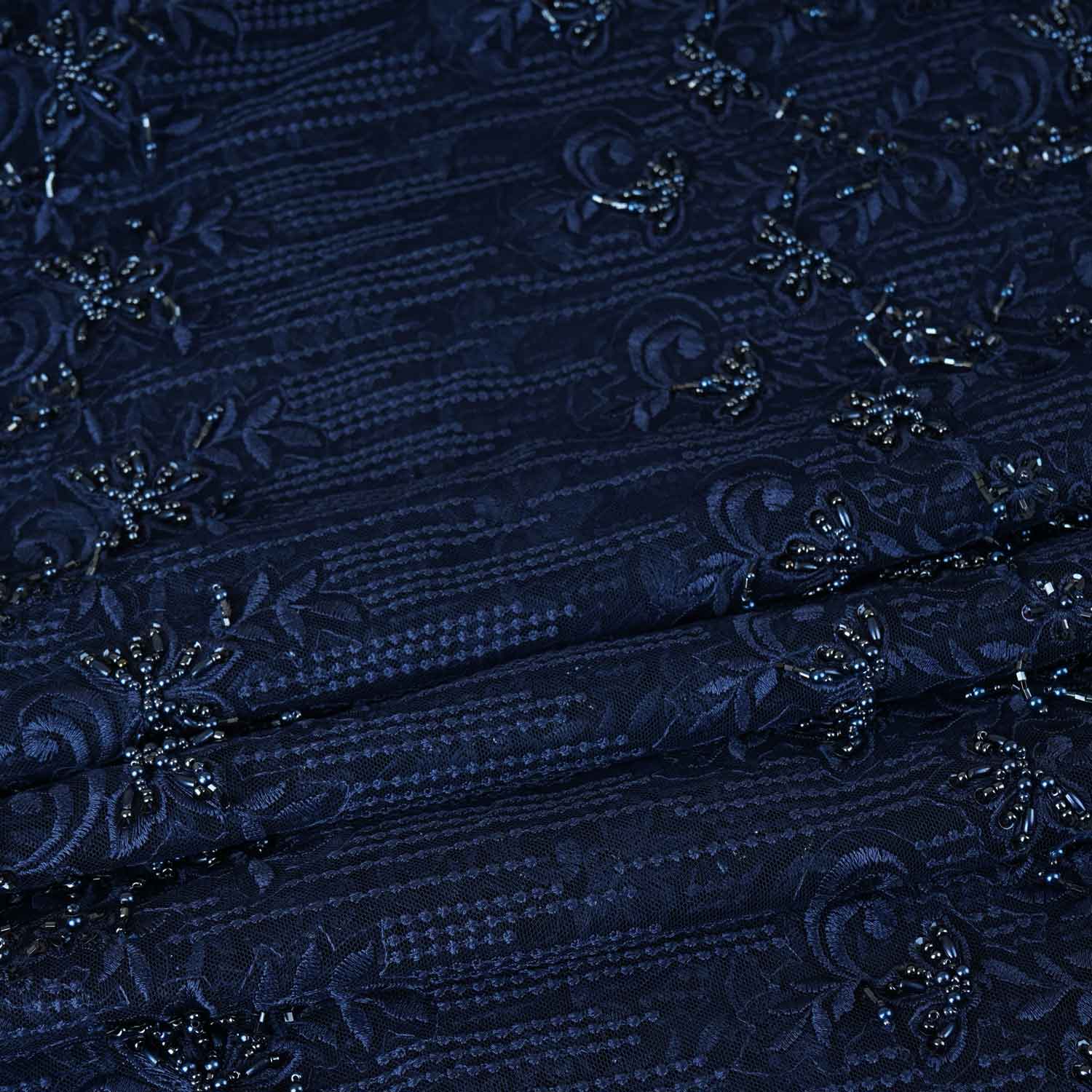Classic Blue Pearl Thread Embroidery Net Fabric - TradeUNO