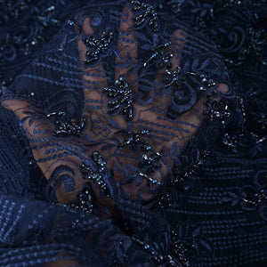 Classic Blue Pearl Thread Embroidery Net Fabric - TradeUNO