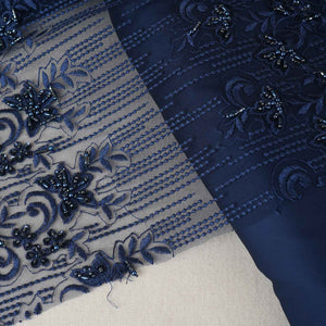 Classic Blue Pearl Thread Embroidery Net Fabric - TradeUNO
