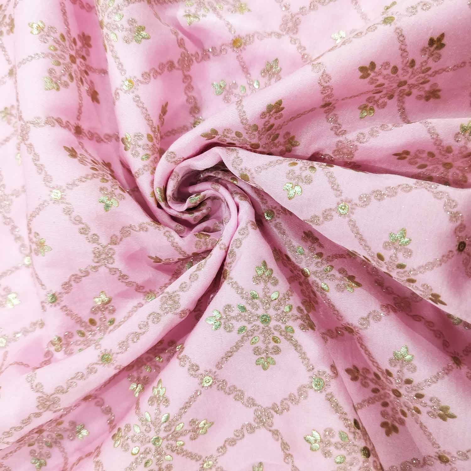 Pink Floral Foil Print Silk VC-14913