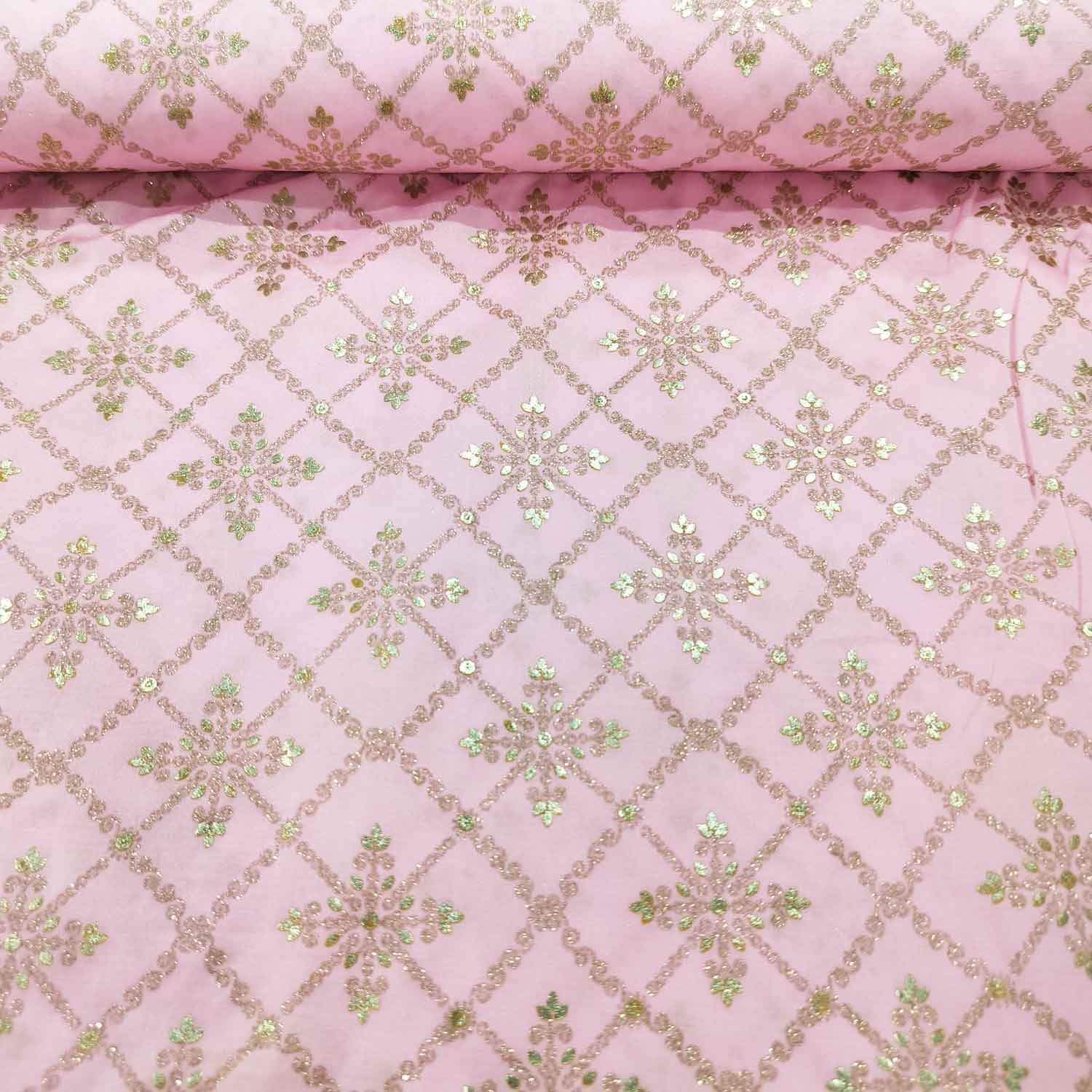 Pink Floral Foil Print Silk VC-14913
