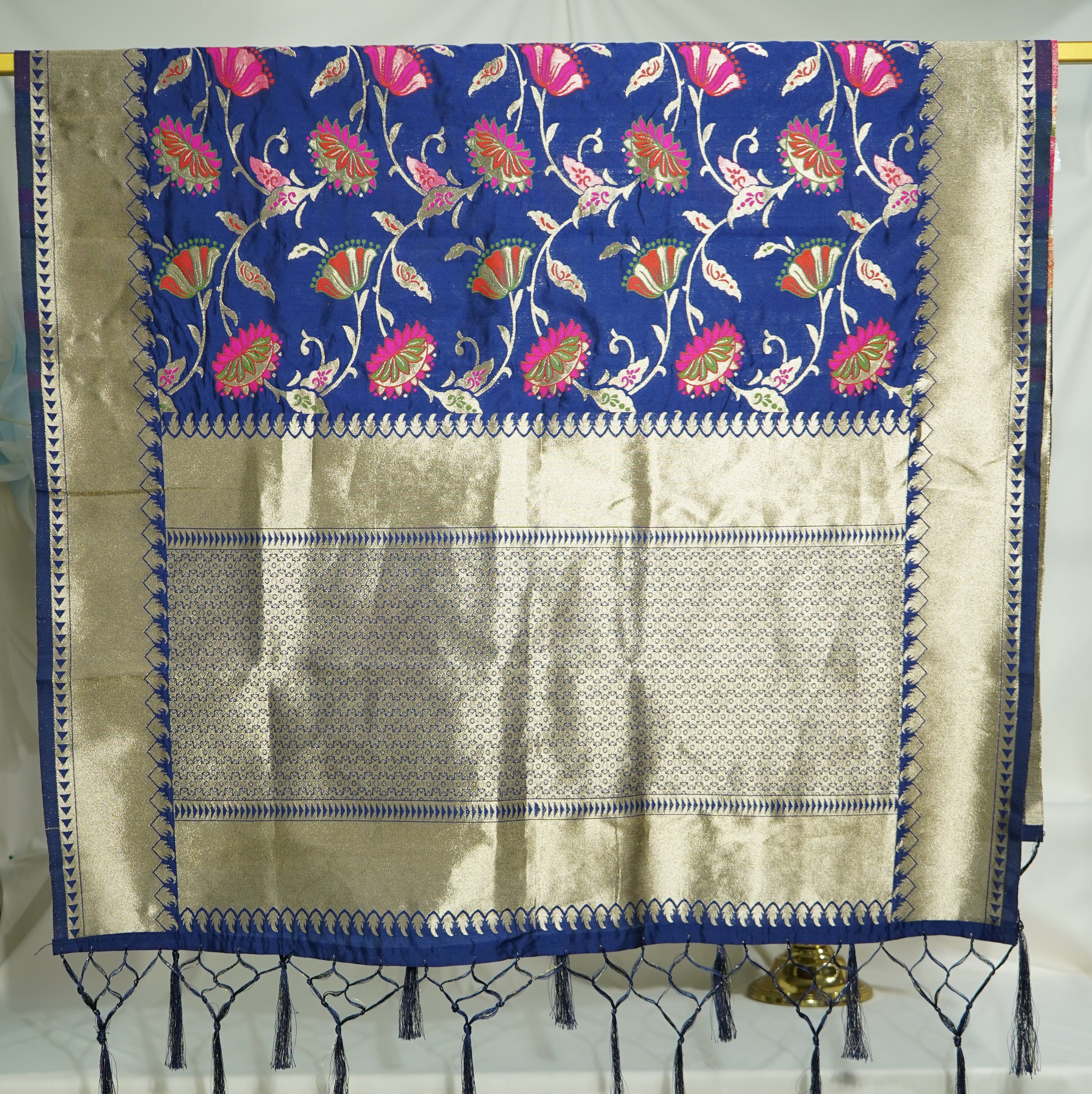Premium Navy Blue Floral Print Banarasi Jacquard Dupatta