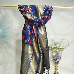 Premium Navy Blue Floral Print Banarasi Jacquard Dupatta