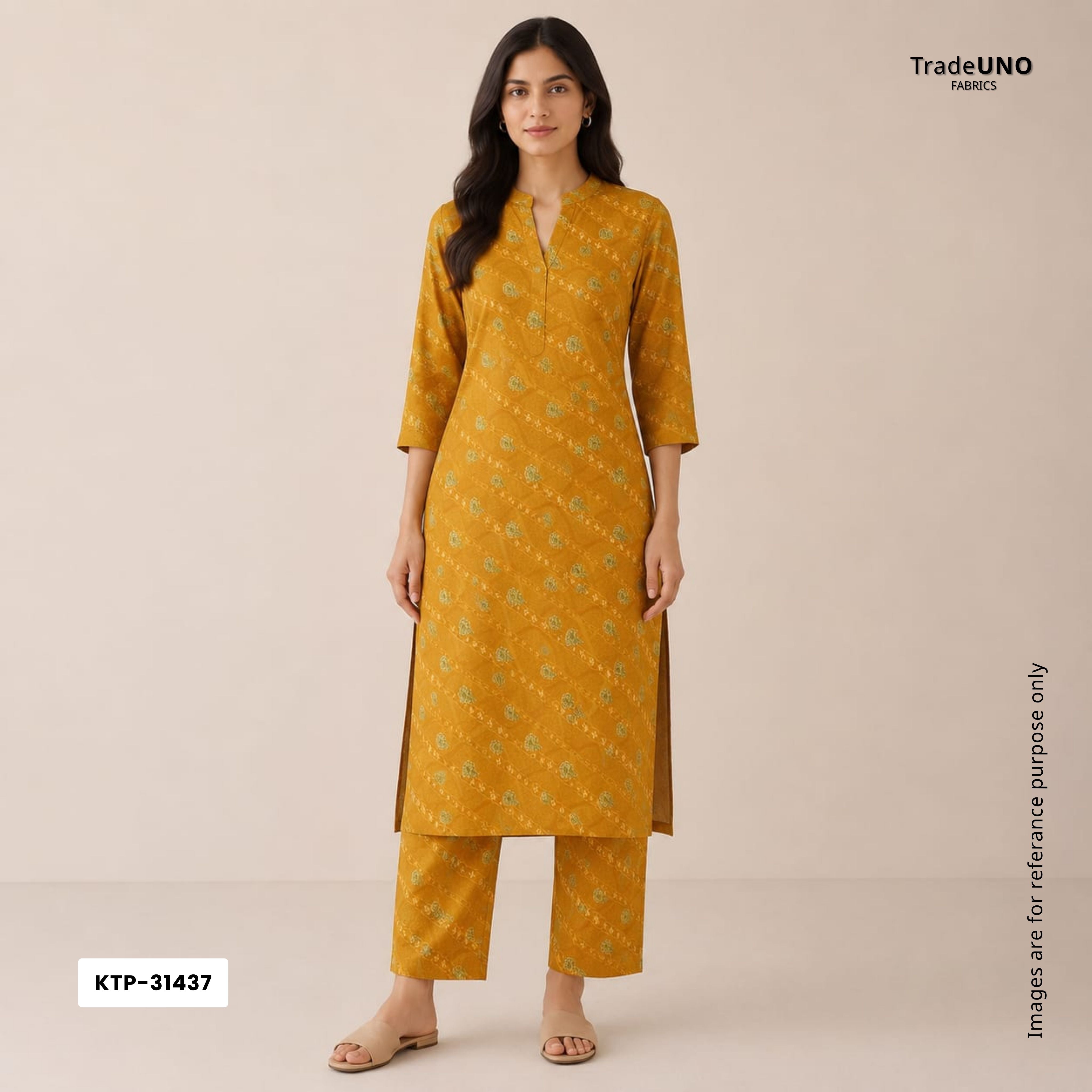 Mustard floral stripes print Bemberg Modal Silk Fabric KTP-31437 - TradeUNO
