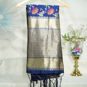 Premium Navy Blue Floral Print Banarasi Jacquard Dupatta