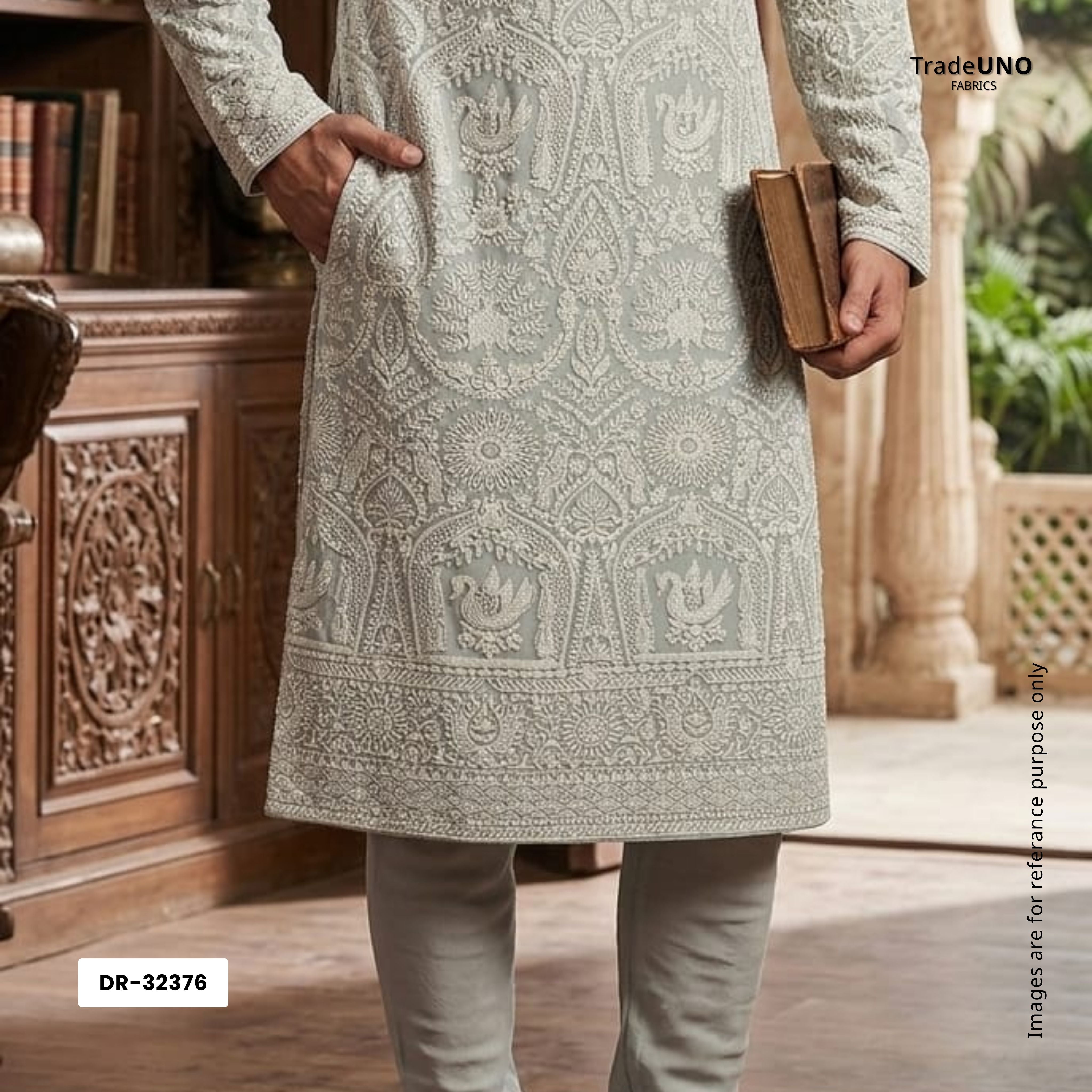 Light Grey Parsi Gara Embroidery Georgette Fabric DR-32376 - TradeUNO