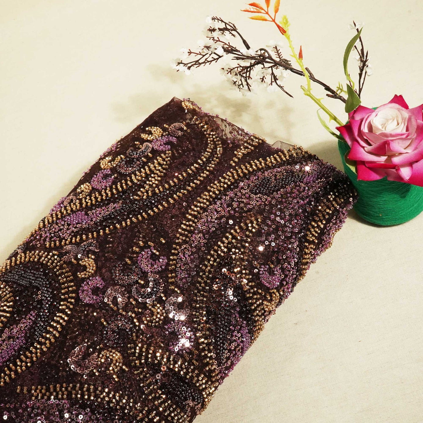 Wine Pearl Heavy Sequins Embroidery Net CF-15008