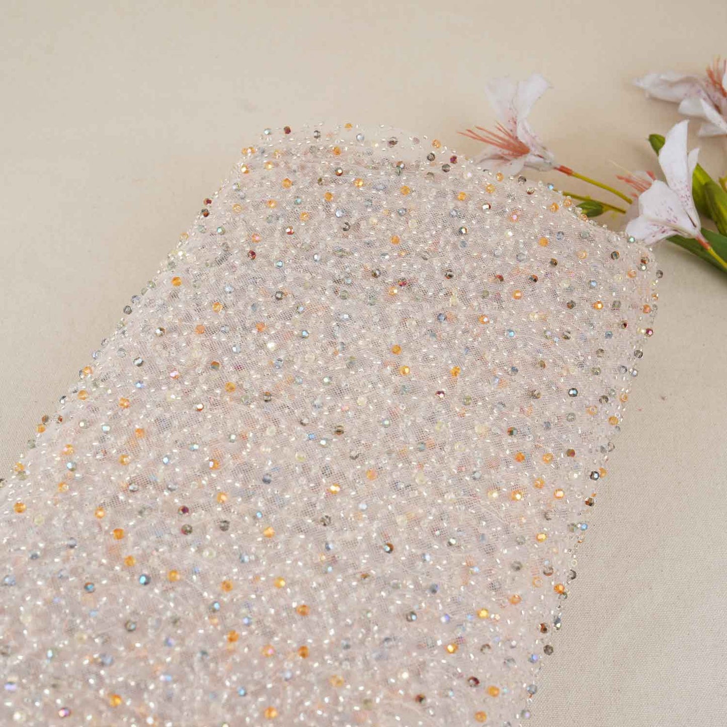 Pastel Salmon Pink Heavy Pearl Sequins Embroidery Net Fabric