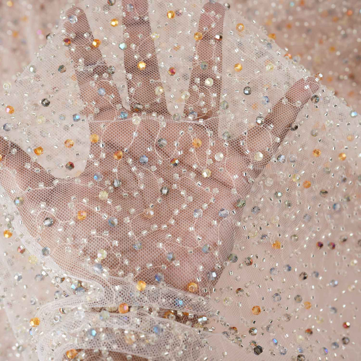 Pastel Salmon Pink Heavy Pearl Sequins Embroidery Net Fabric - TradeUNO