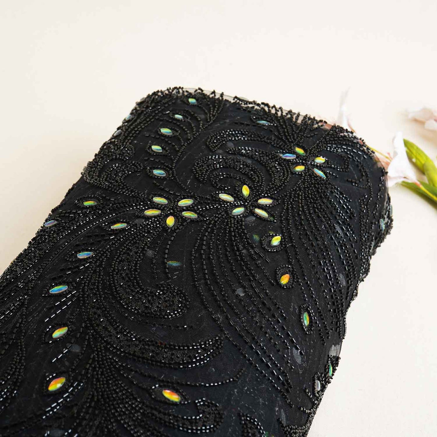 Black Heavy Sequins Rhinestone Embroidery Net Fabric