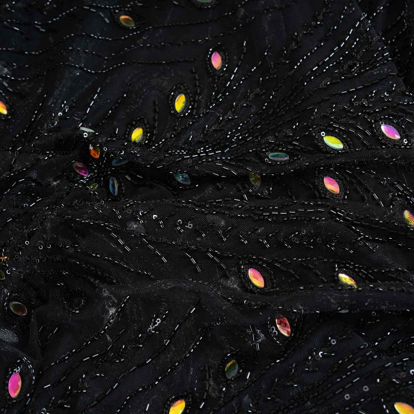 Black Heavy Sequins Rhinestone Embroidery Net Fabric