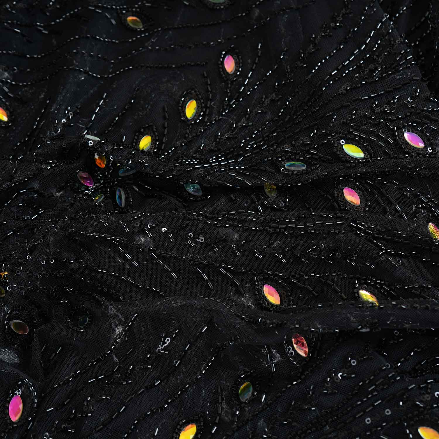 Black Heavy Sequins Rhinestone Embroidery Net Fabric - TradeUNO