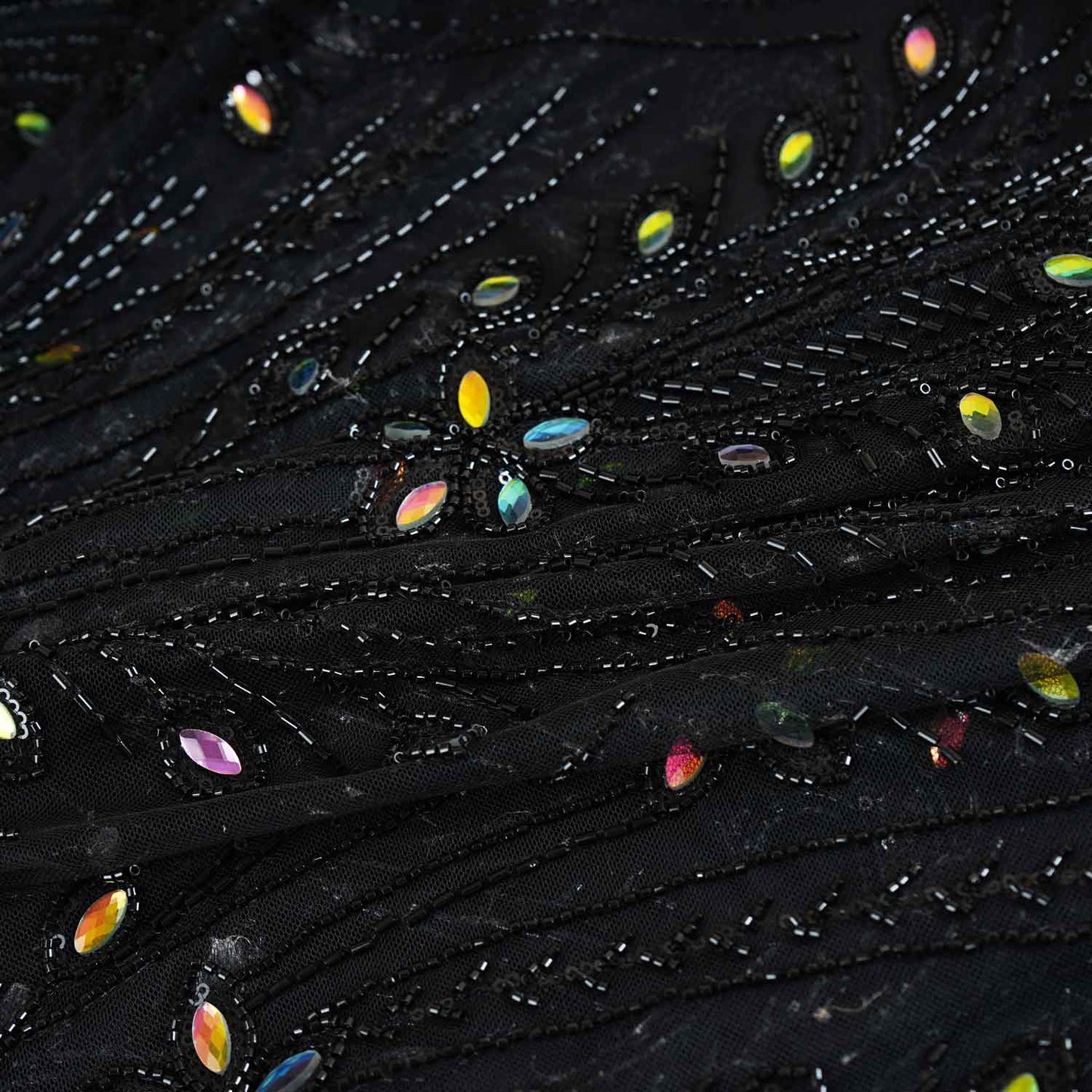Black Heavy Sequins Rhinestone Embroidery Net Fabric