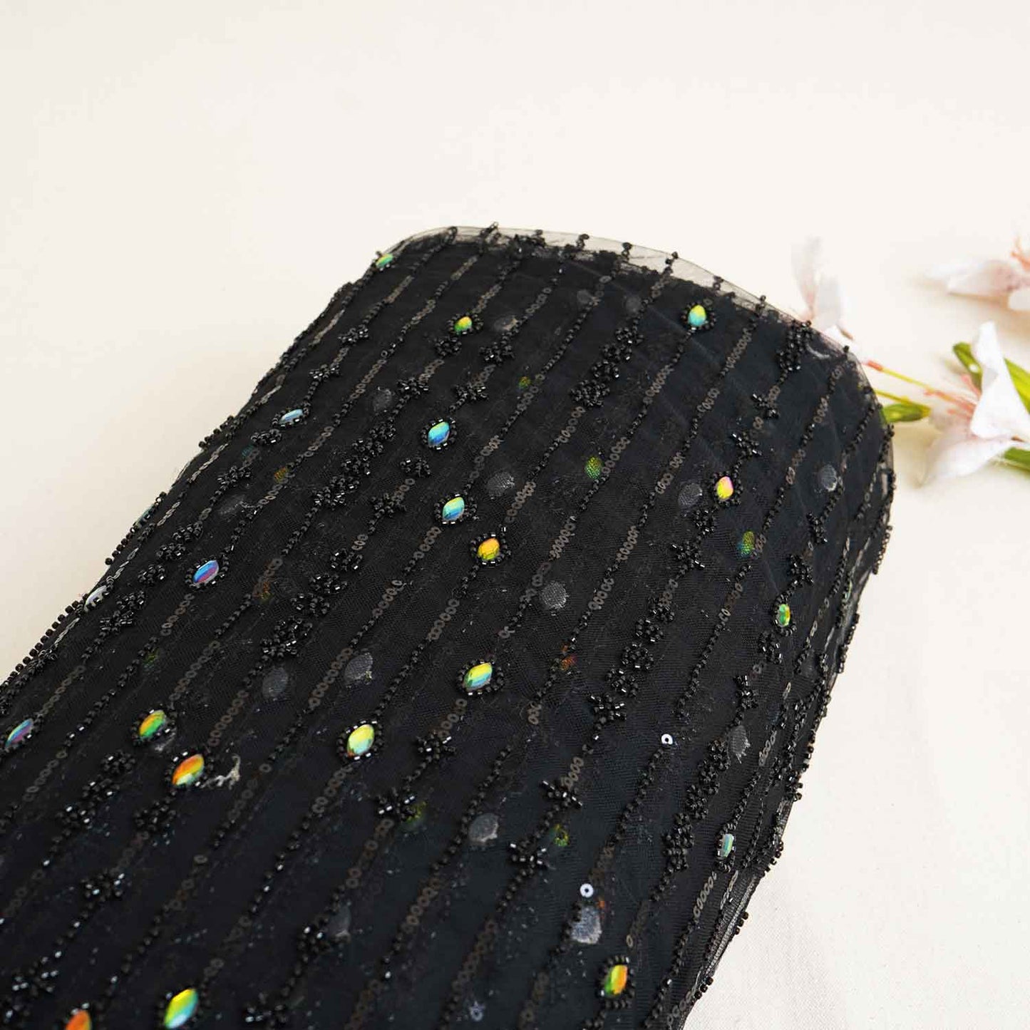 Black Cut Dana Rhinestone Turkish Work Embroidery Net Fabric