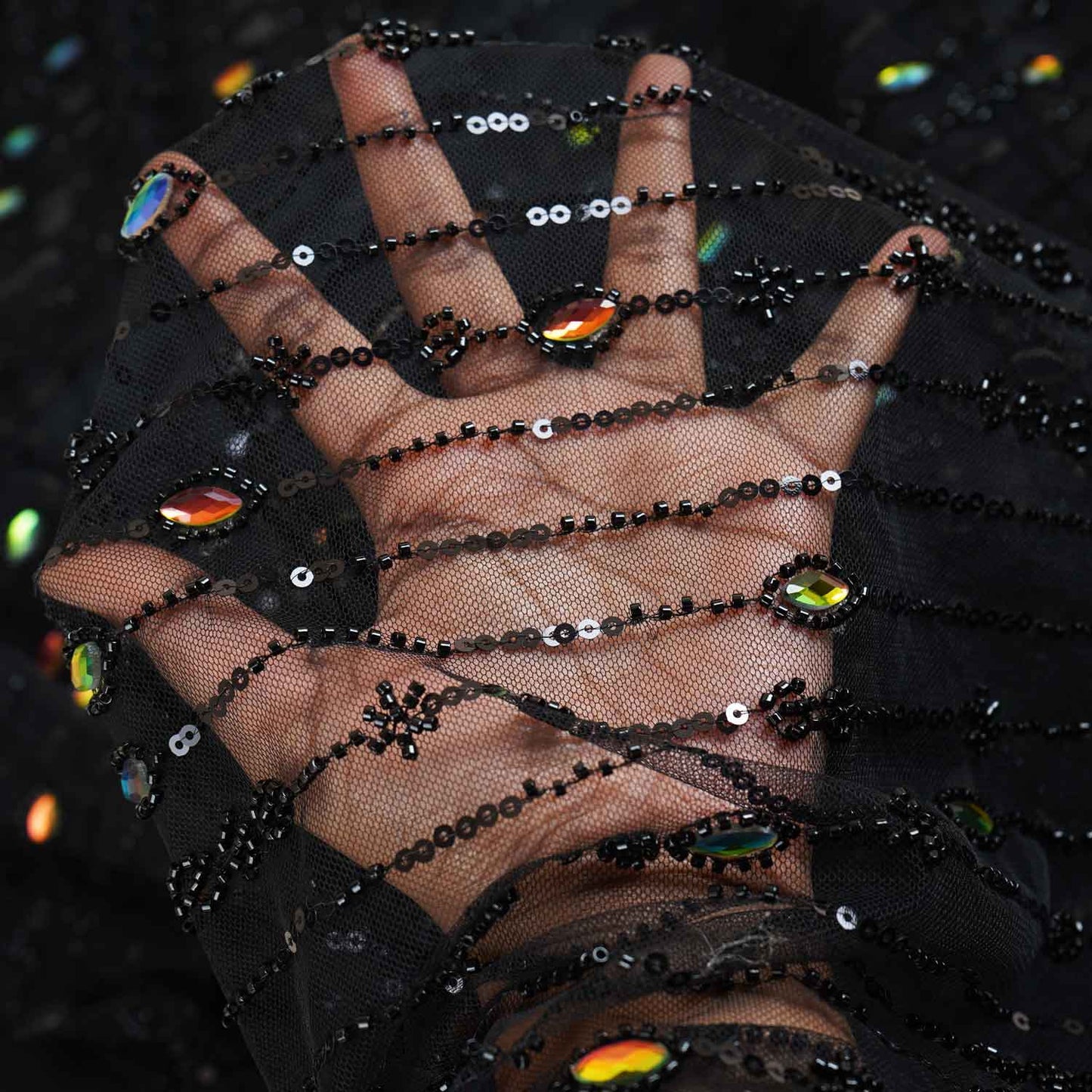 Black Cut Dana Rhinestone Turkish Work Embroidery Net Fabric