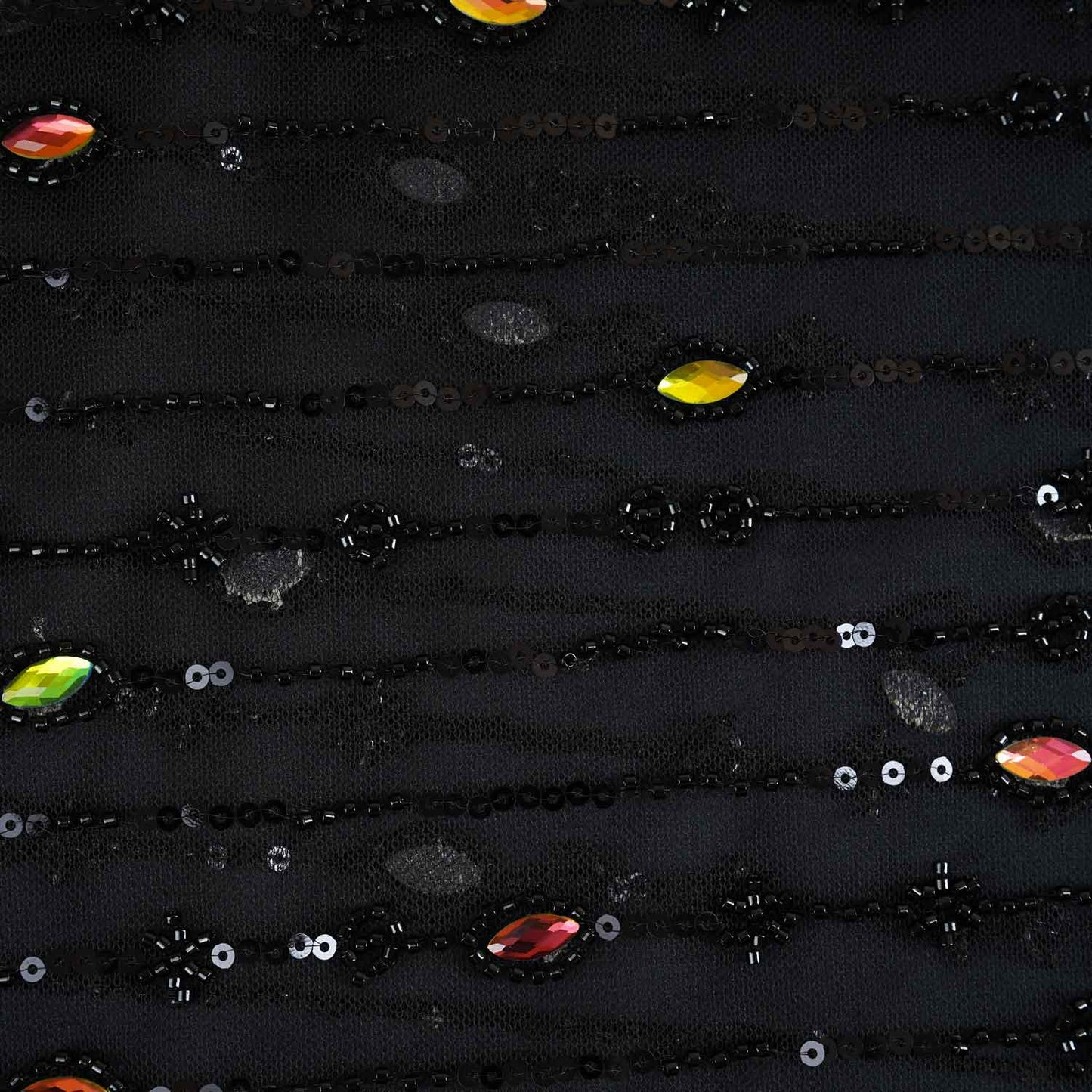 Black Cut Dana Rhinestone Turkish Work Embroidery Net Fabric