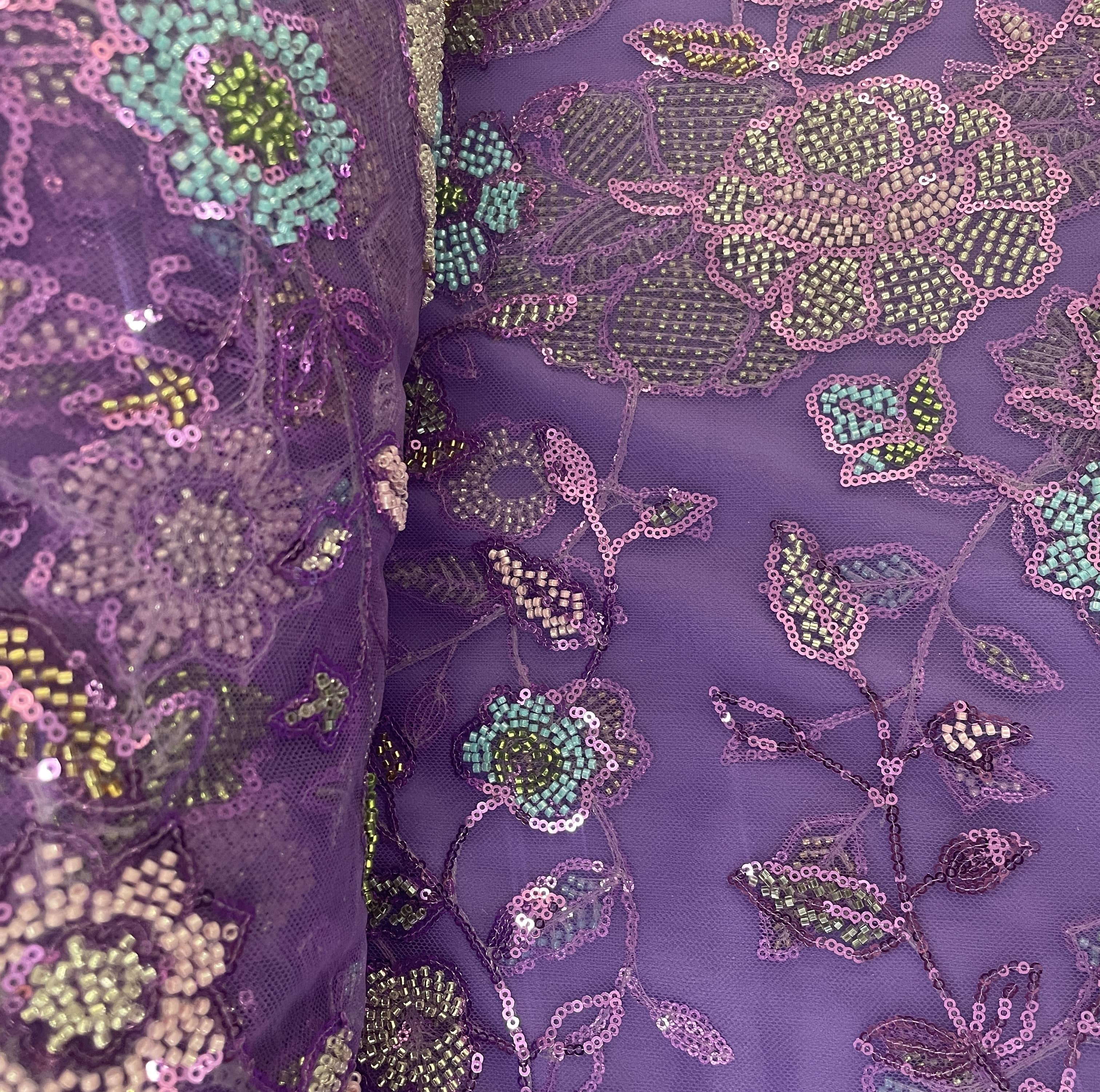 Purple Floral Cut Dana Sequins Embroidery Net 15057