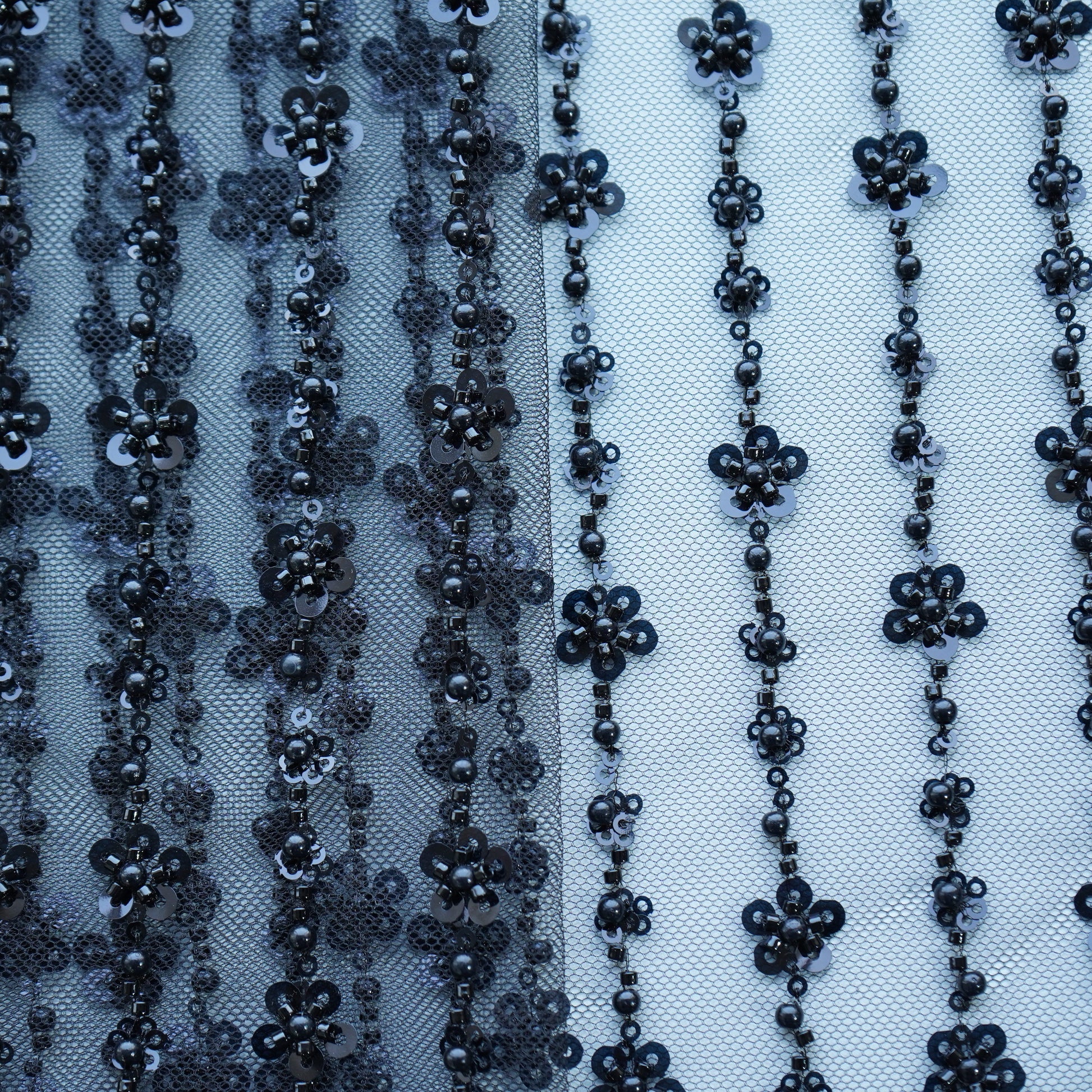 Black Stripes Pearl Sequins Cut Dana Embroidery Net Fabric