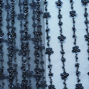 Black Stripes Pearl Sequins Cut Dana Embroidery Net Fabric