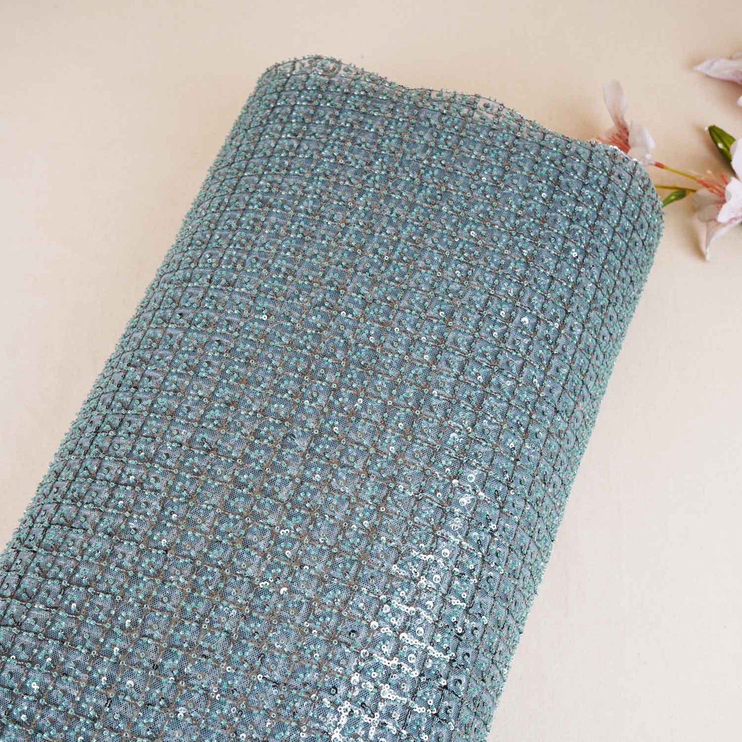 Premium Glacier Green Heavy Pearl Sequins CutDana Embroidery Net Fabric