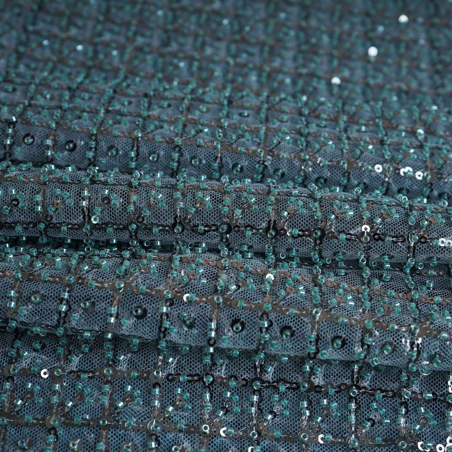 Premium Glacier Green Heavy Pearl Sequins CutDana Embroidery Net Fabric