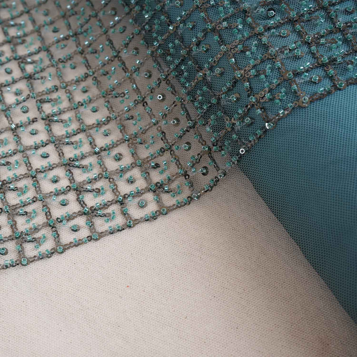 Premium Glacier Green Heavy Pearl Sequins CutDana Embroidery Net Fabric - TradeUNO