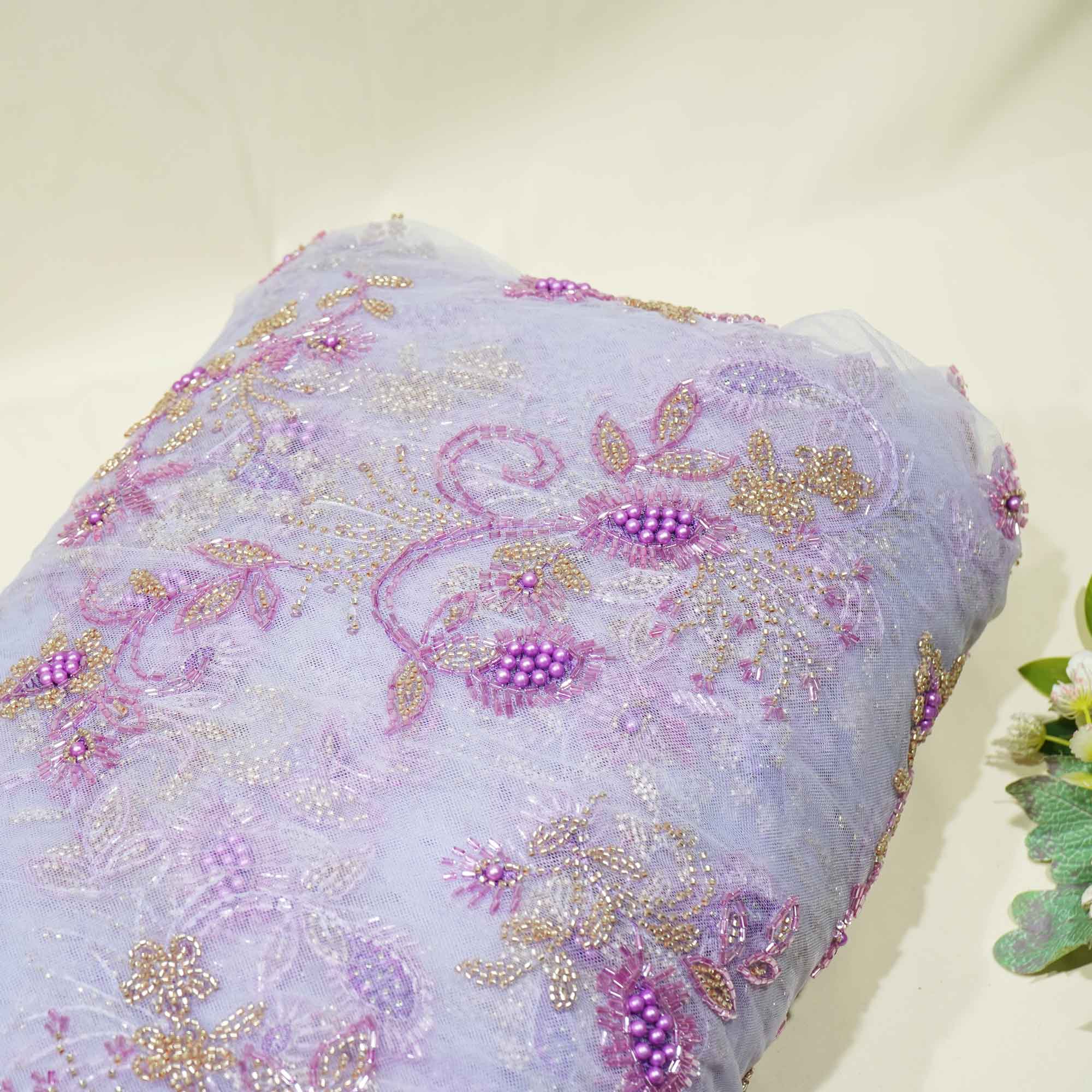Purple Floral Heavy Pearl Sequins Cut Dana Embroidery Net AF-15100