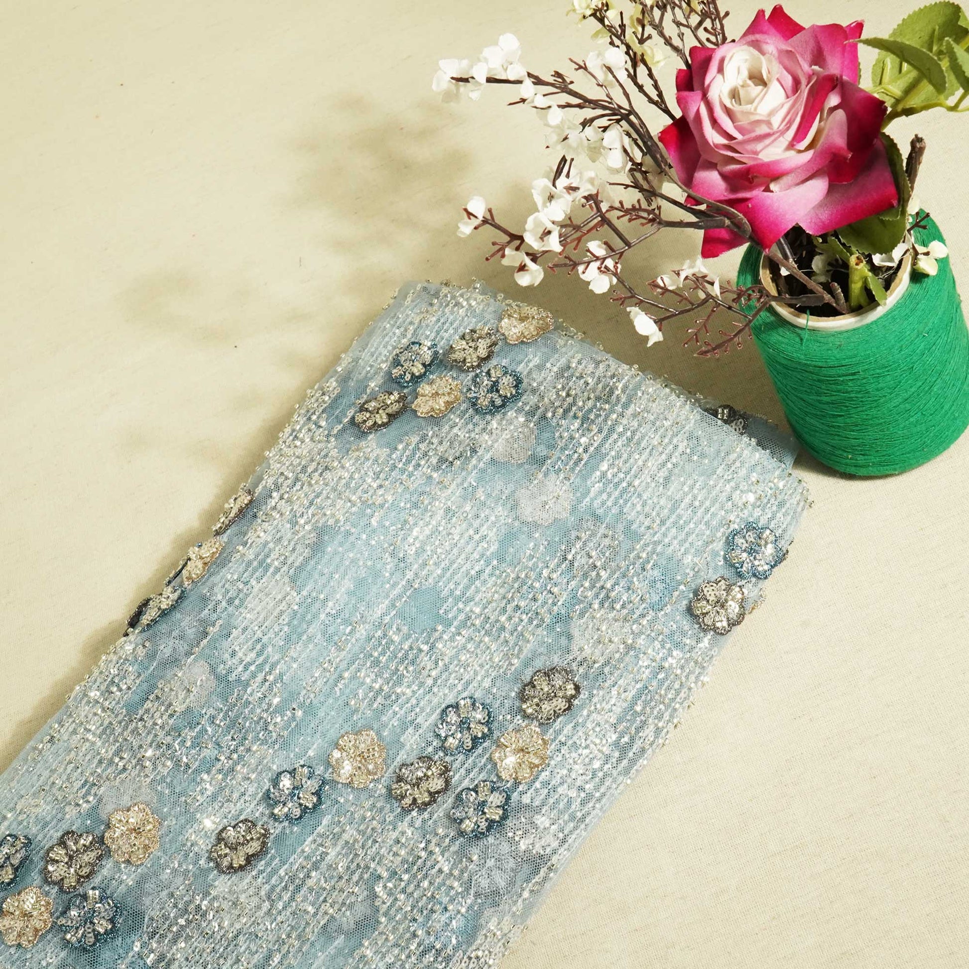 Sky Blue Abstract Thread Cut Dana Handcrafted Embroidery Net CF-15134