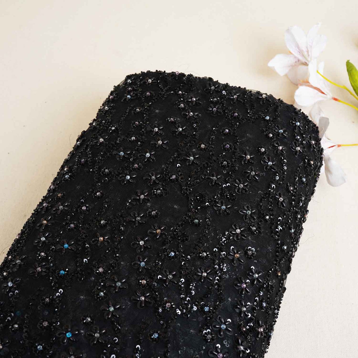 Premium Black Rice Beads CutDana Handcrafted Embroidery Net Fabric