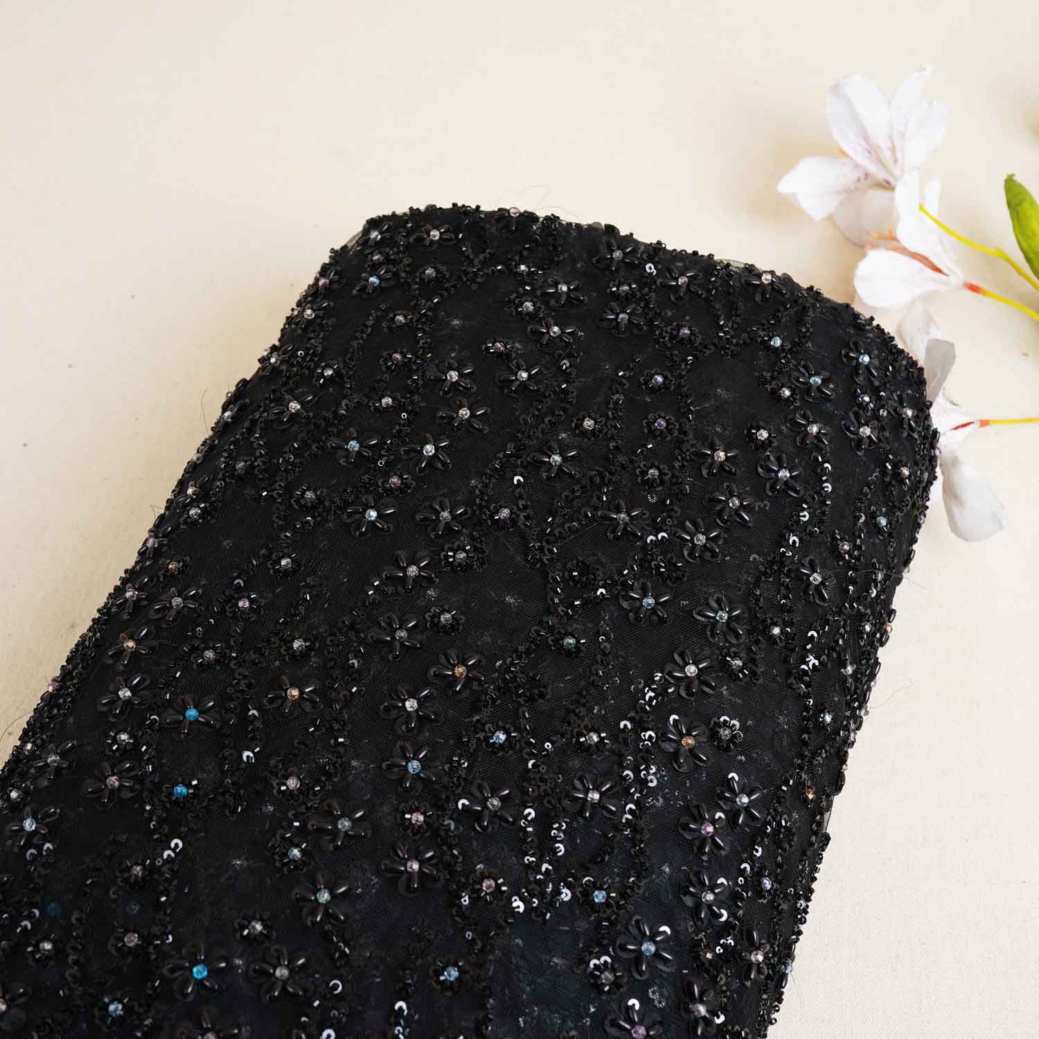 Premium Black Rice Beads CutDana Handcrafted Embroidery Net Fabric - TradeUNO