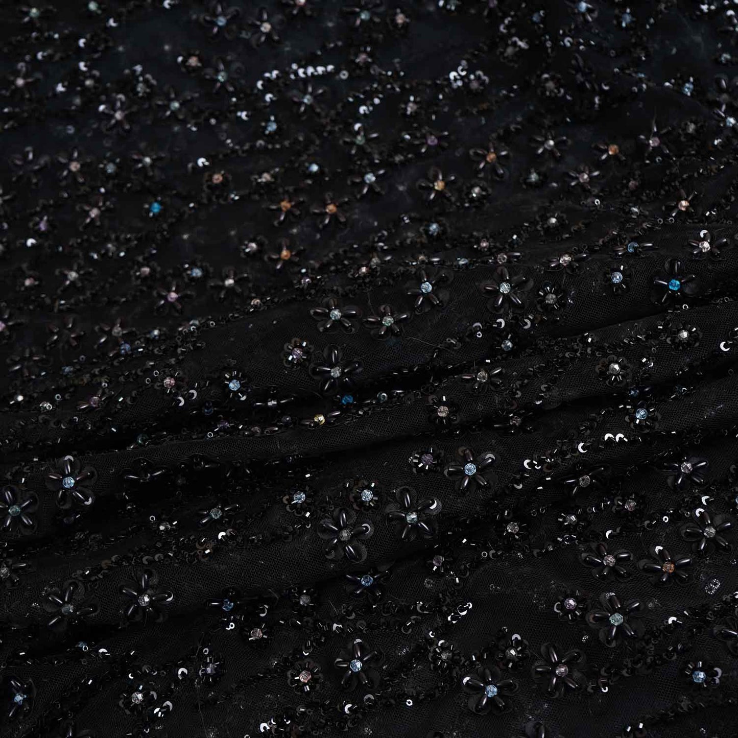 Premium Black Rice Beads CutDana Handcrafted Embroidery Net Fabric