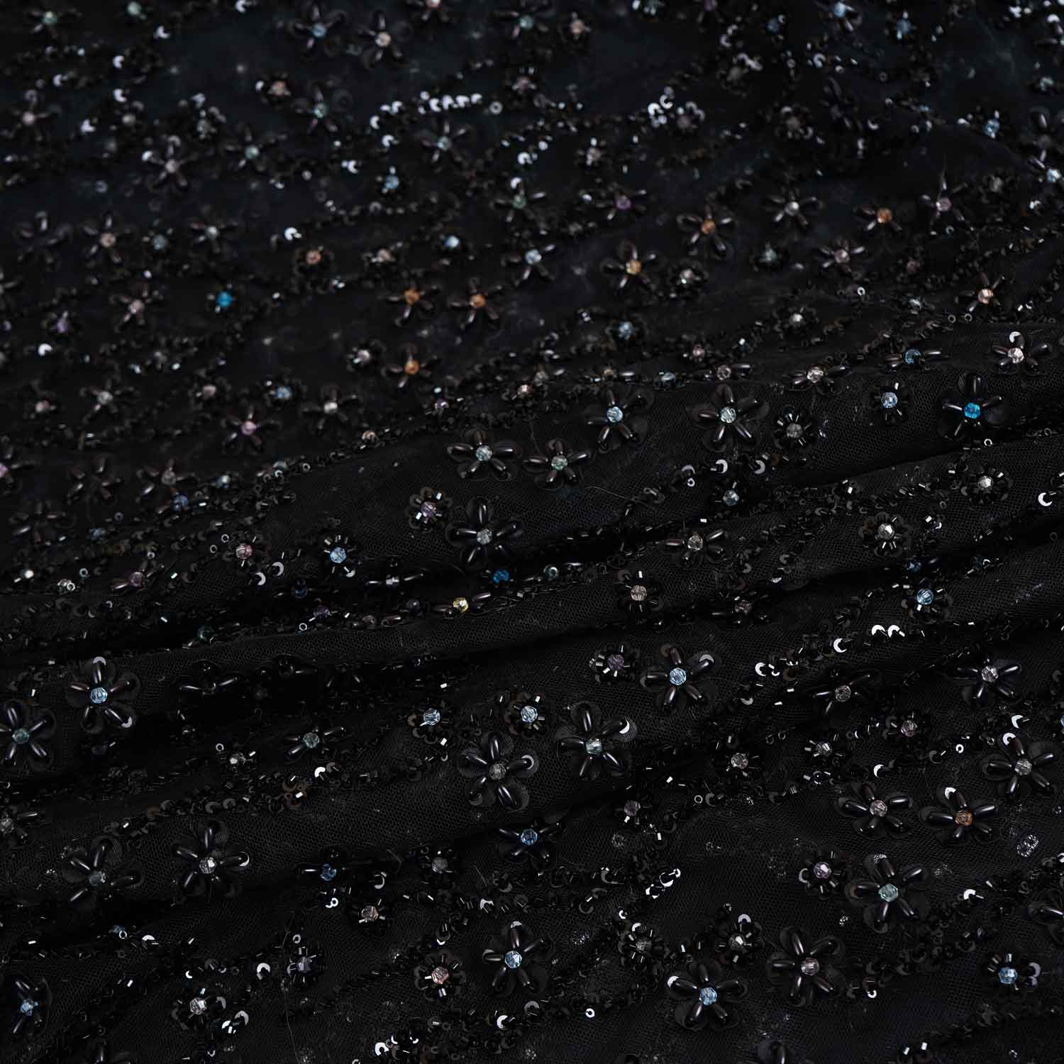 Premium Black Rice Beads CutDana Handcrafted Embroidery Net Fabric - TradeUNO