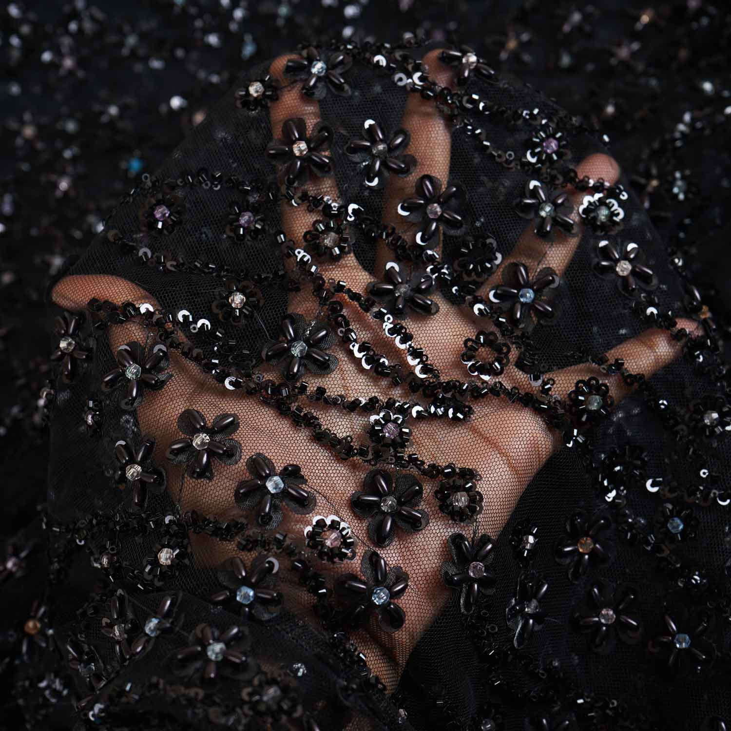 Premium Black Rice Beads CutDana Handcrafted Embroidery Net Fabric - TradeUNO
