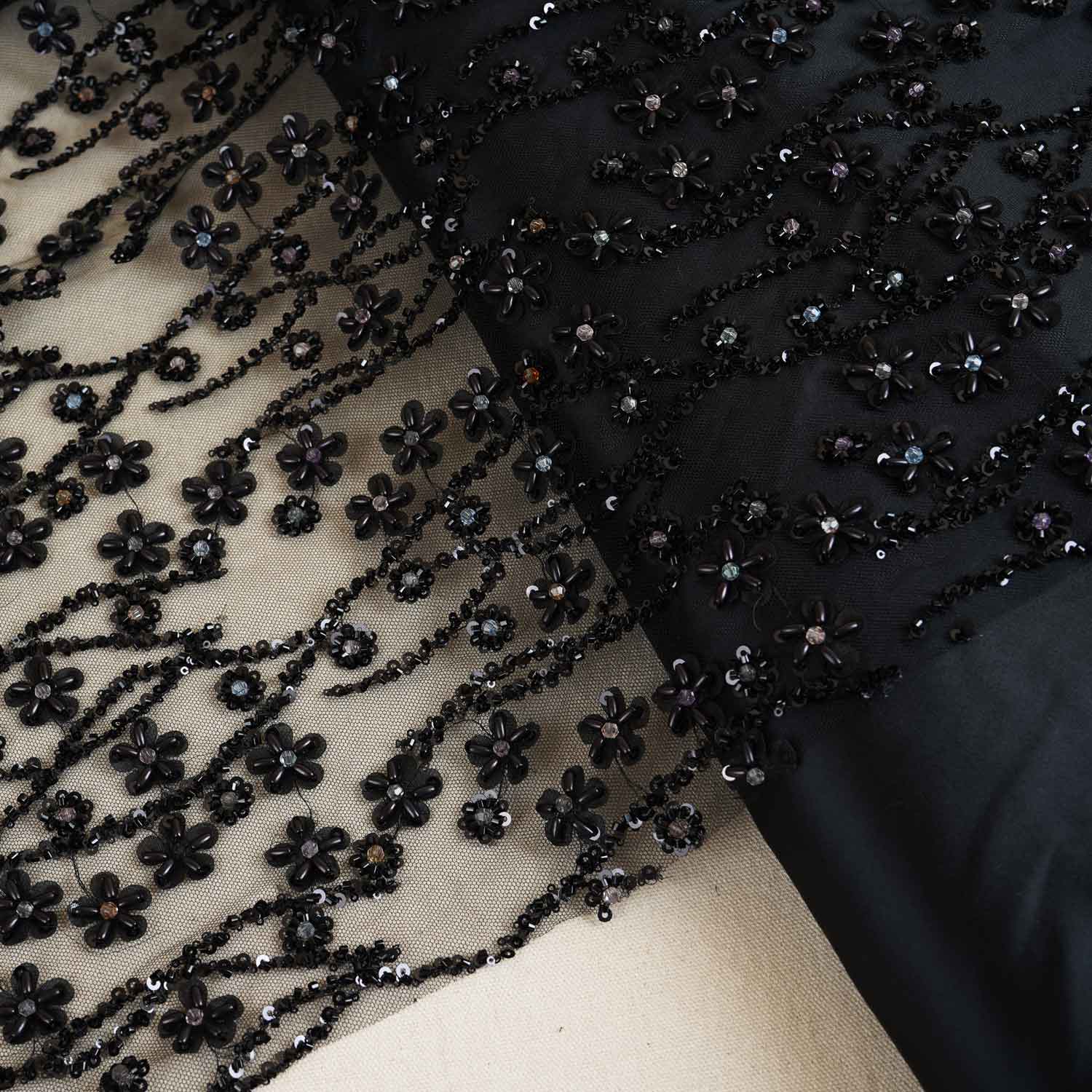 Premium Black Rice Beads CutDana Handcrafted Embroidery Net Fabric - TradeUNO