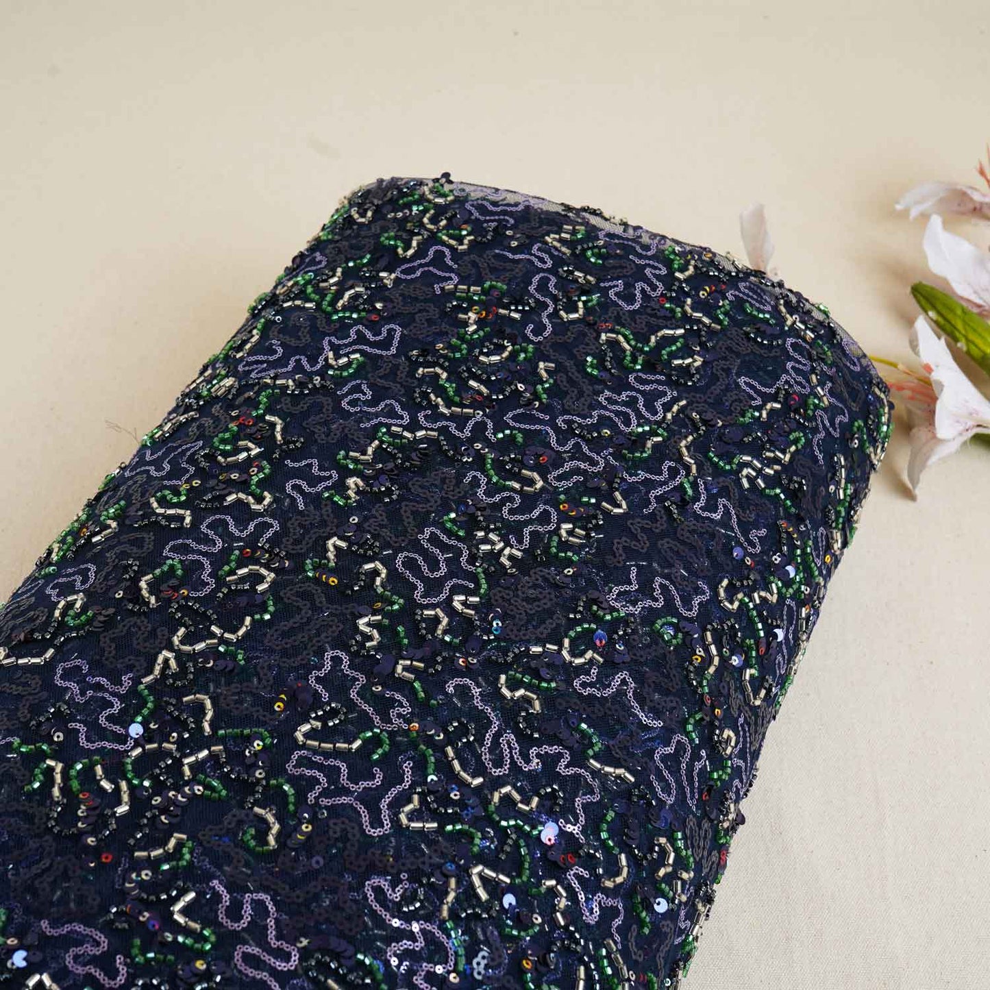 Blue Abstract Sequins Cut Dana Embroidery Net 15142