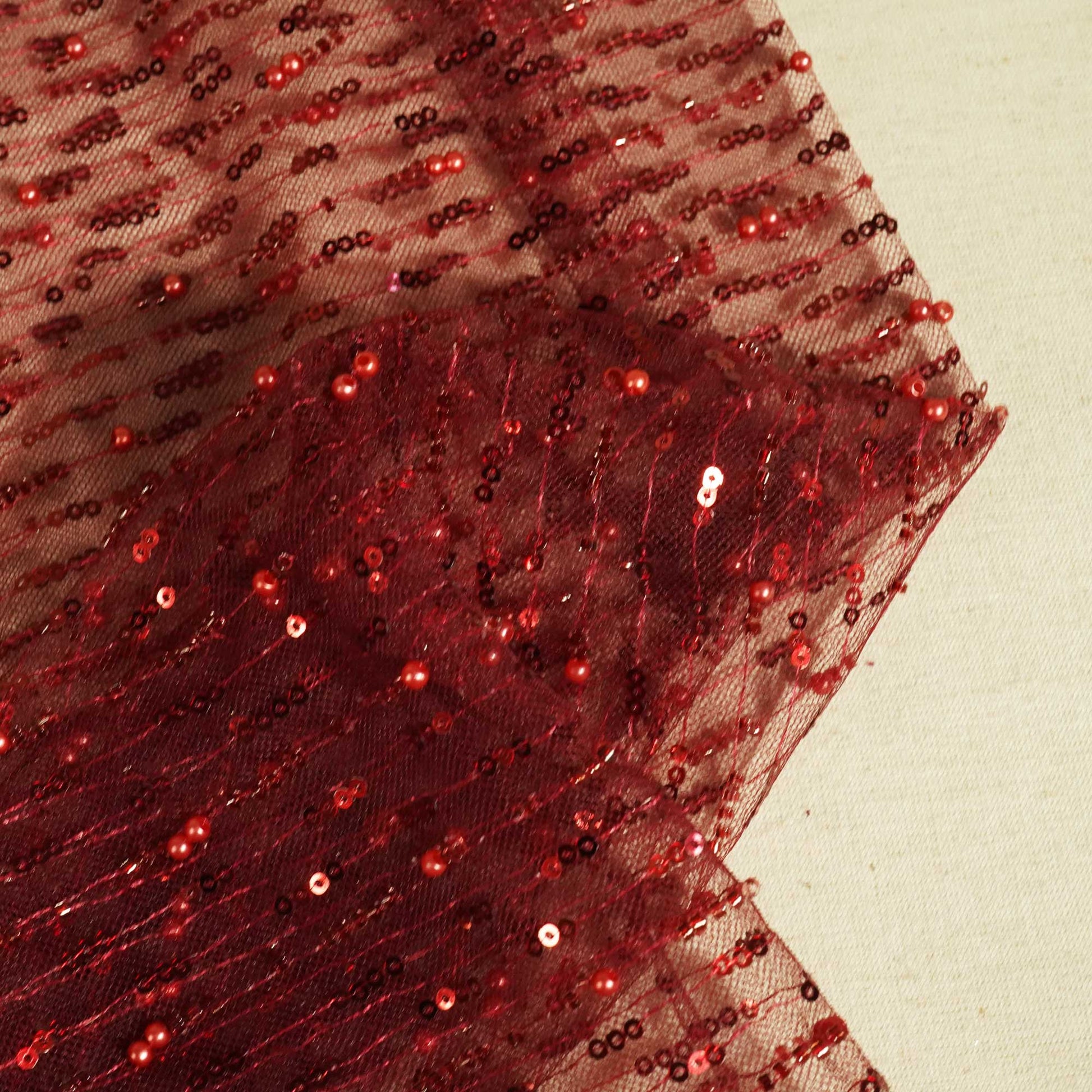 Maroon Pearl Sequins Cut Dana Embroidery Net HFS-15382