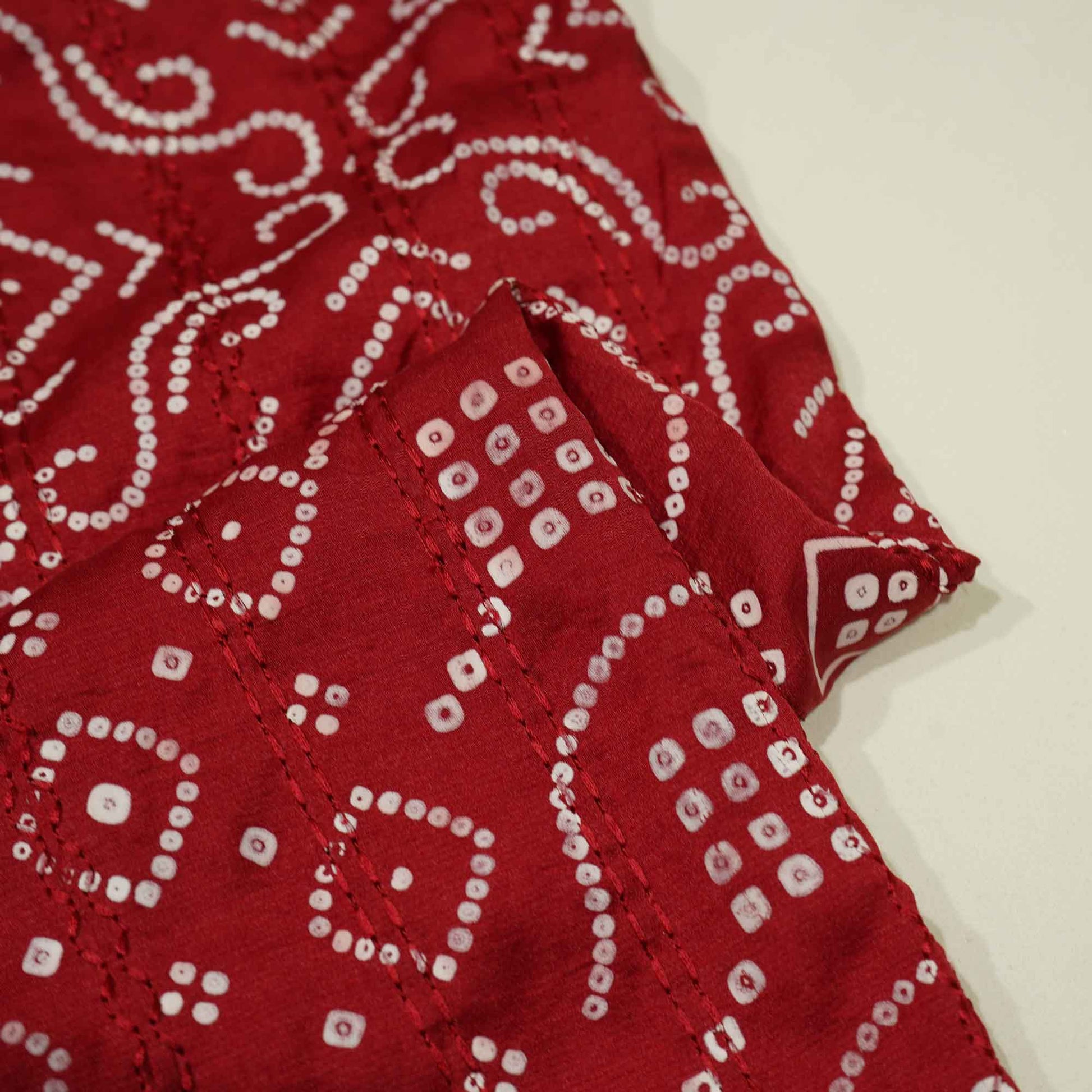 Red Bandhani Embroidery Mini Silk VC-15414