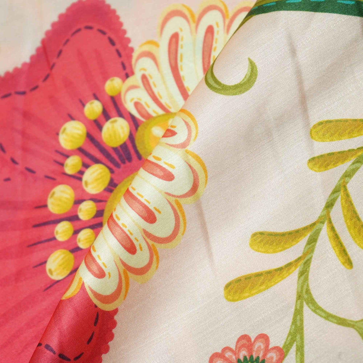 Cream Multicolor Floral Print Linen Satin KC-15504