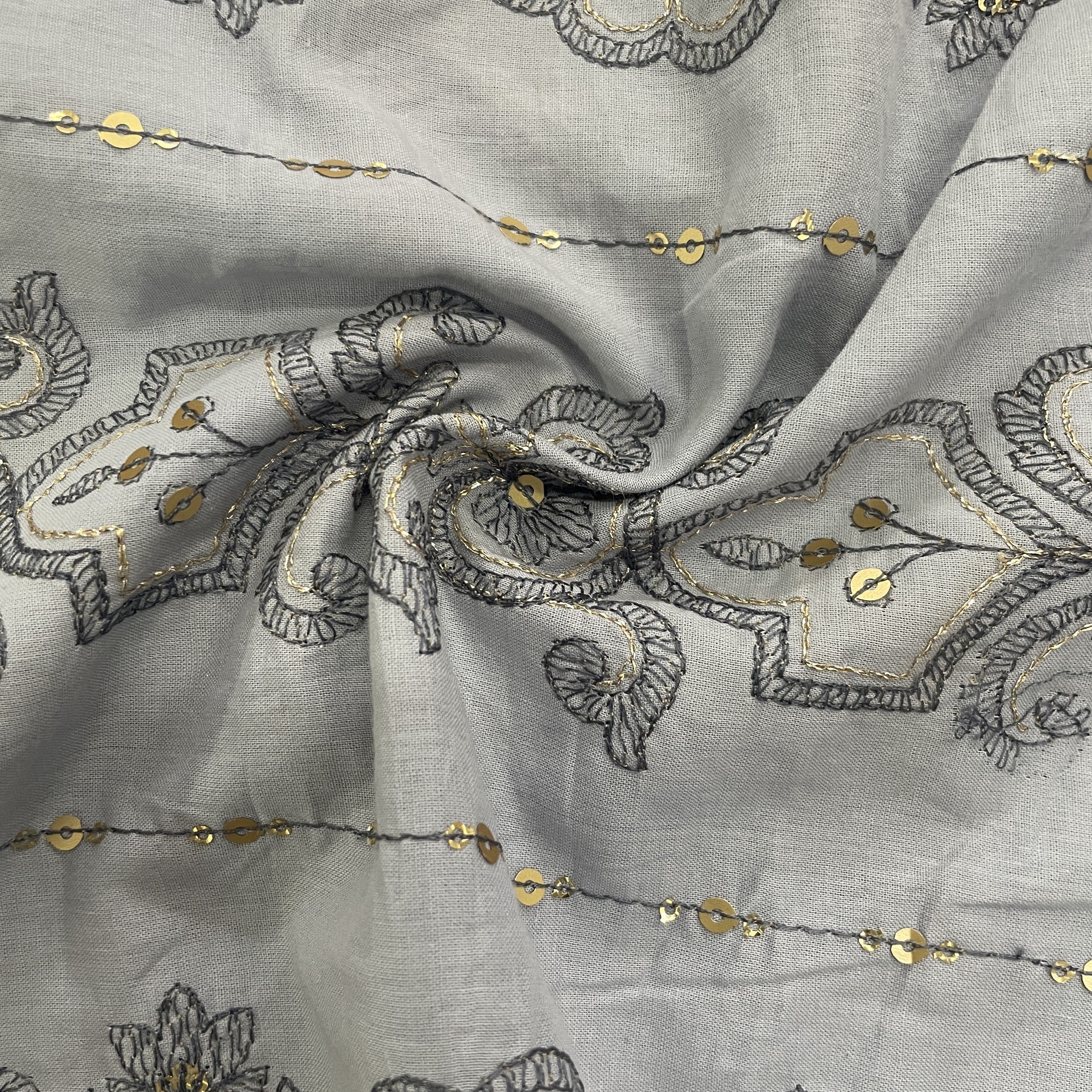 Grey Thread Sequins Embroidery Cotton Fabric 15526
