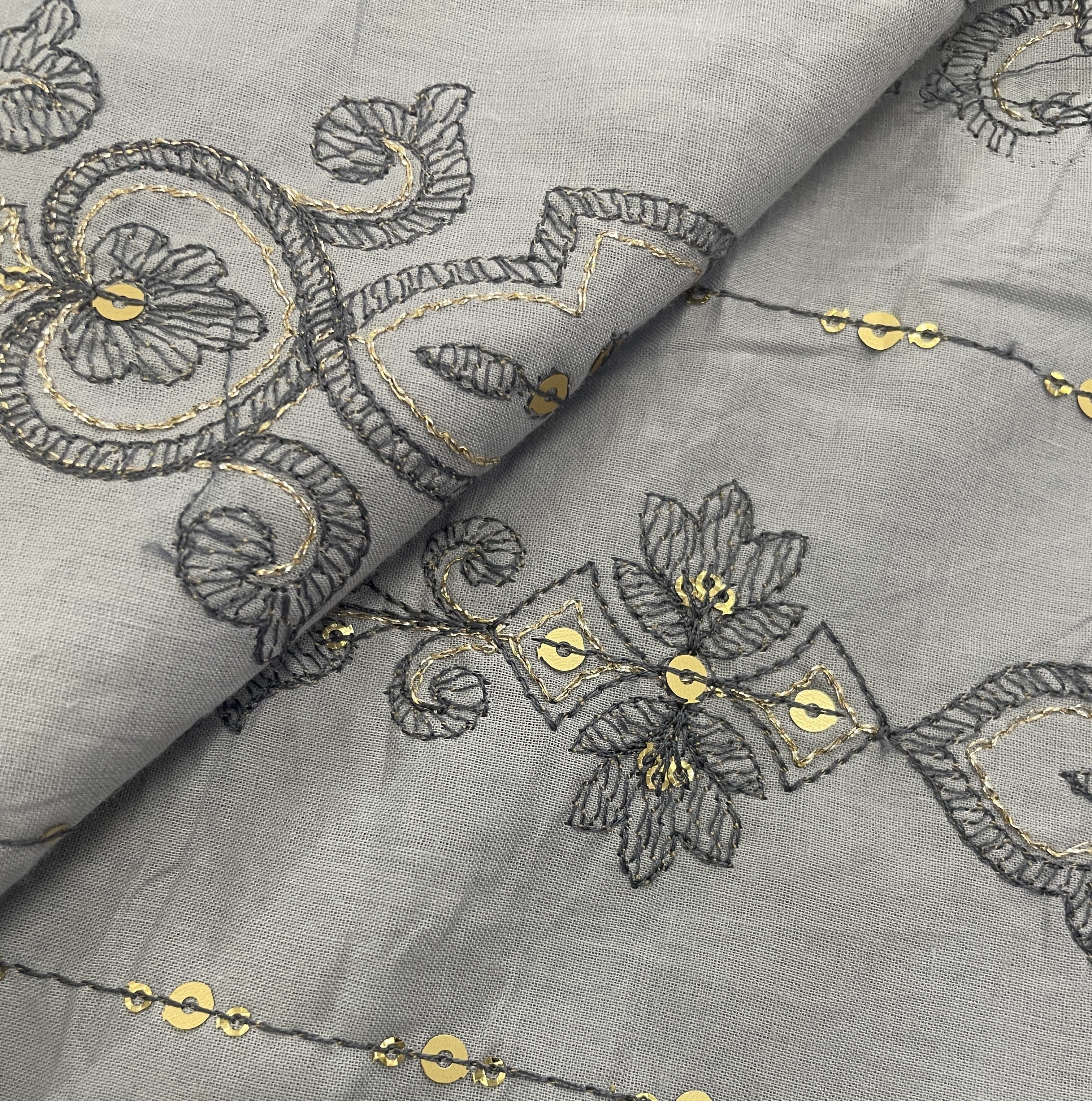 Grey Thread Sequins Embroidery Cotton Fabric 15526