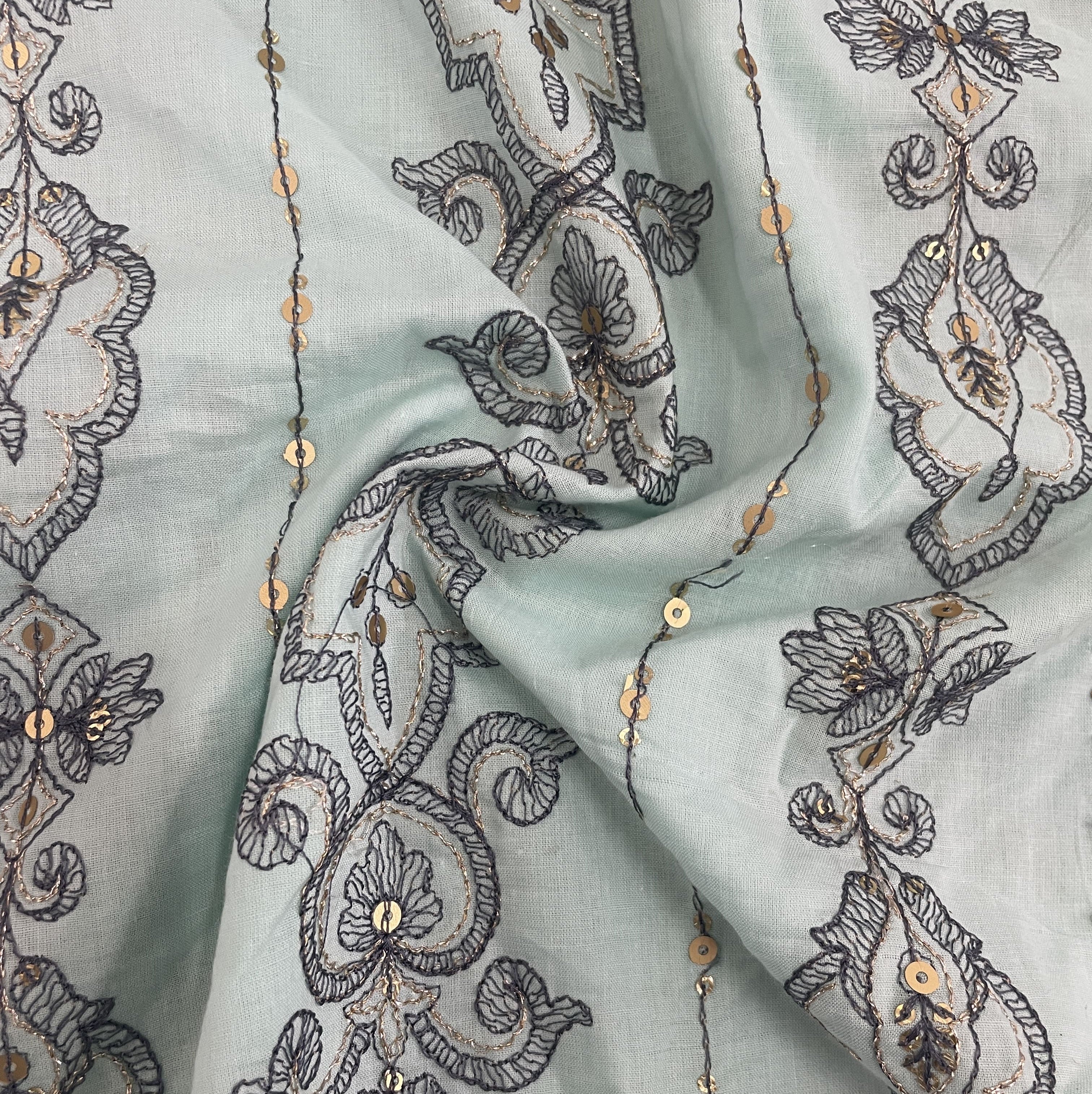 Sea Green Thread Sequins Embroidery Cotton Fabric 15527