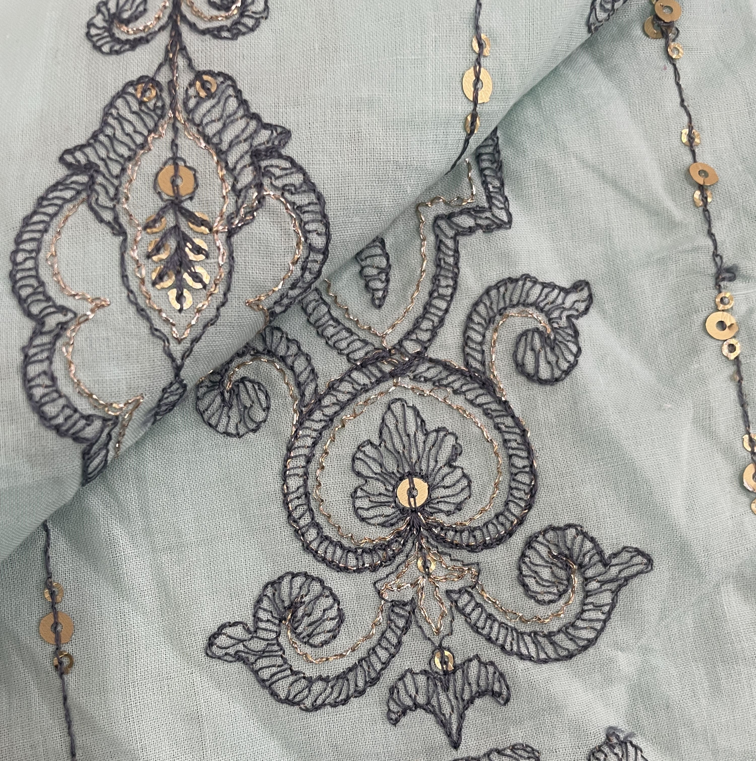 Sea Green Thread Sequins Embroidery Cotton Fabric 15527