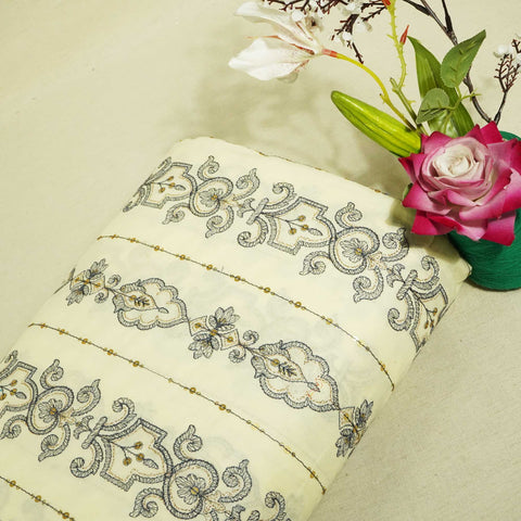 Cream Thread Sequins Embroidery Cotton KC-15528