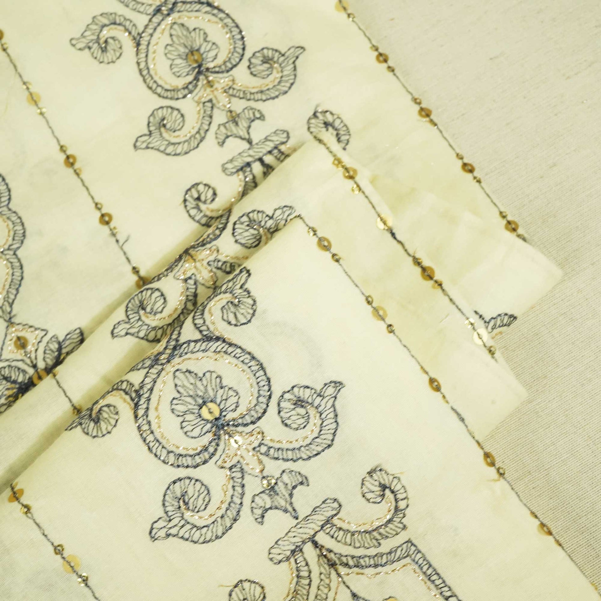 Cream Thread Sequins Embroidery Cotton KC-15528