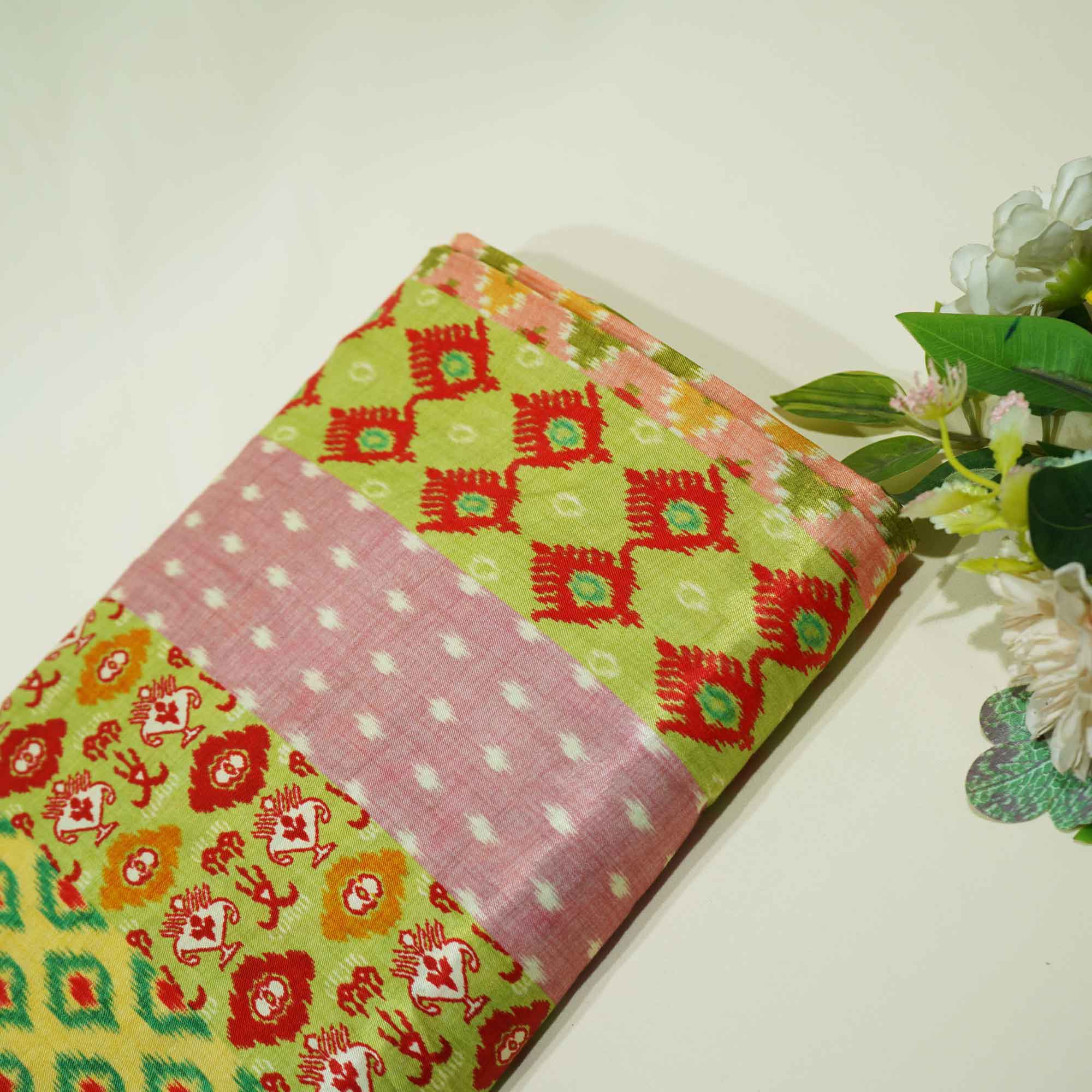 Light Green Blue Multicolor Ikkat Print Bemberg Gajji Silk GT-15580