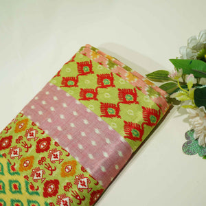 Light Green Blue Multicolor Ikkat Print Bemberg Gajji Silk GT-15580
