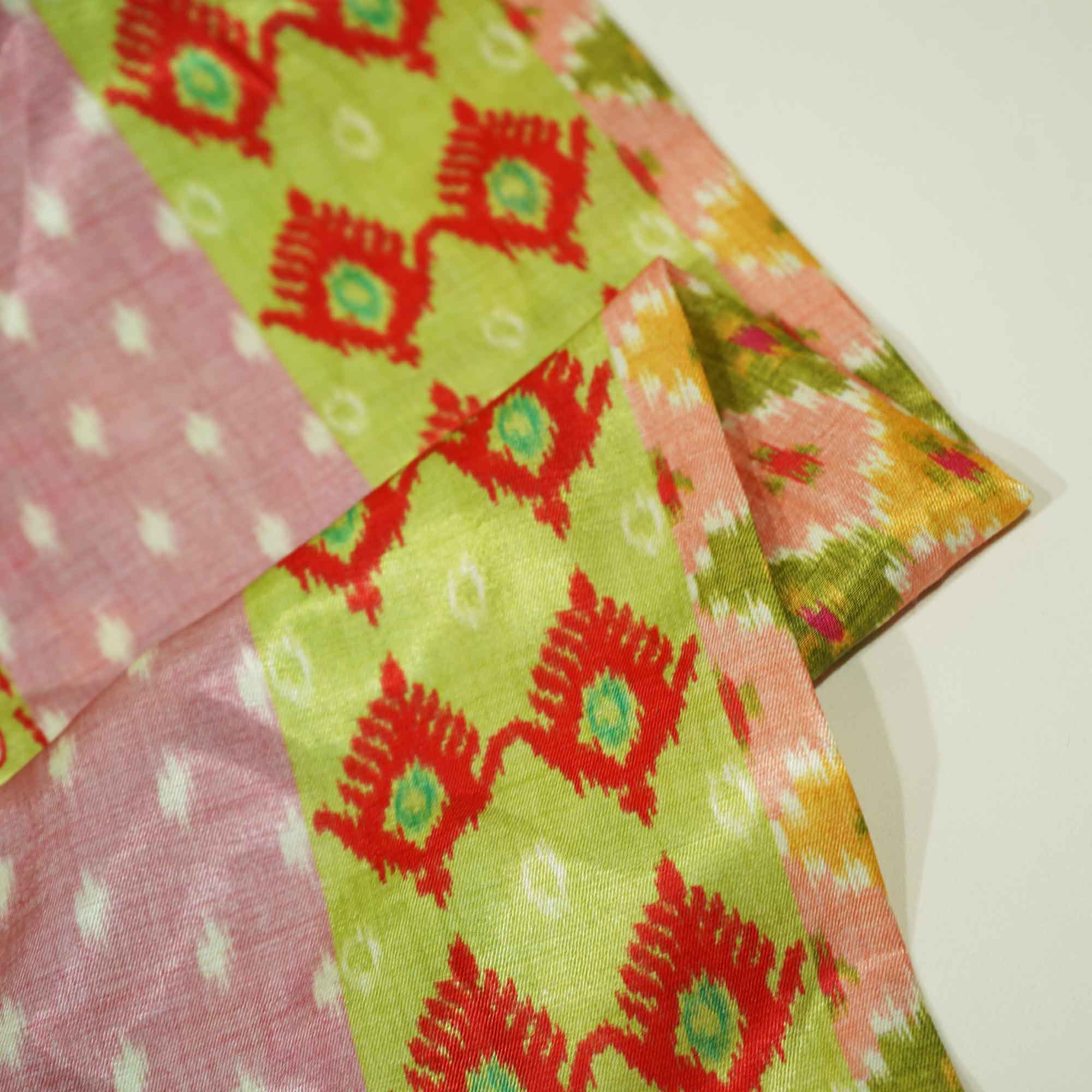Light Green Blue Multicolor Ikkat Print Bemberg Gajji Silk GT-15580